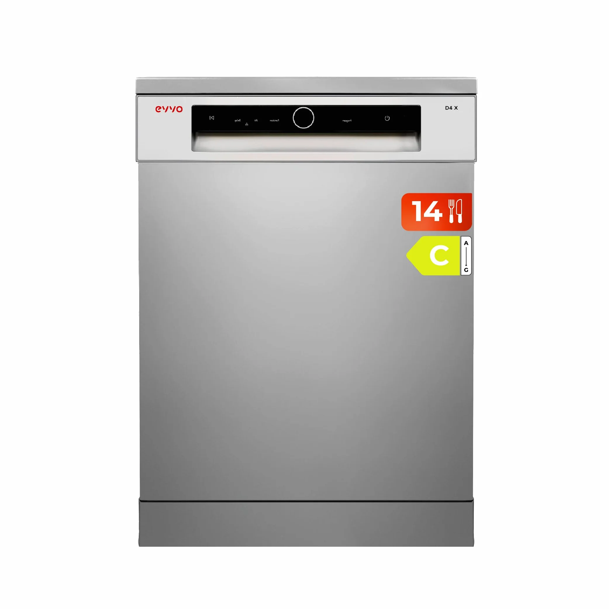 EVVO Lavavajillas 60 cm 14 Cubiertos Tercera Bandeja Eficiencia C 8 Programas Lavado Rápido 30 min Apertura Automática Inox