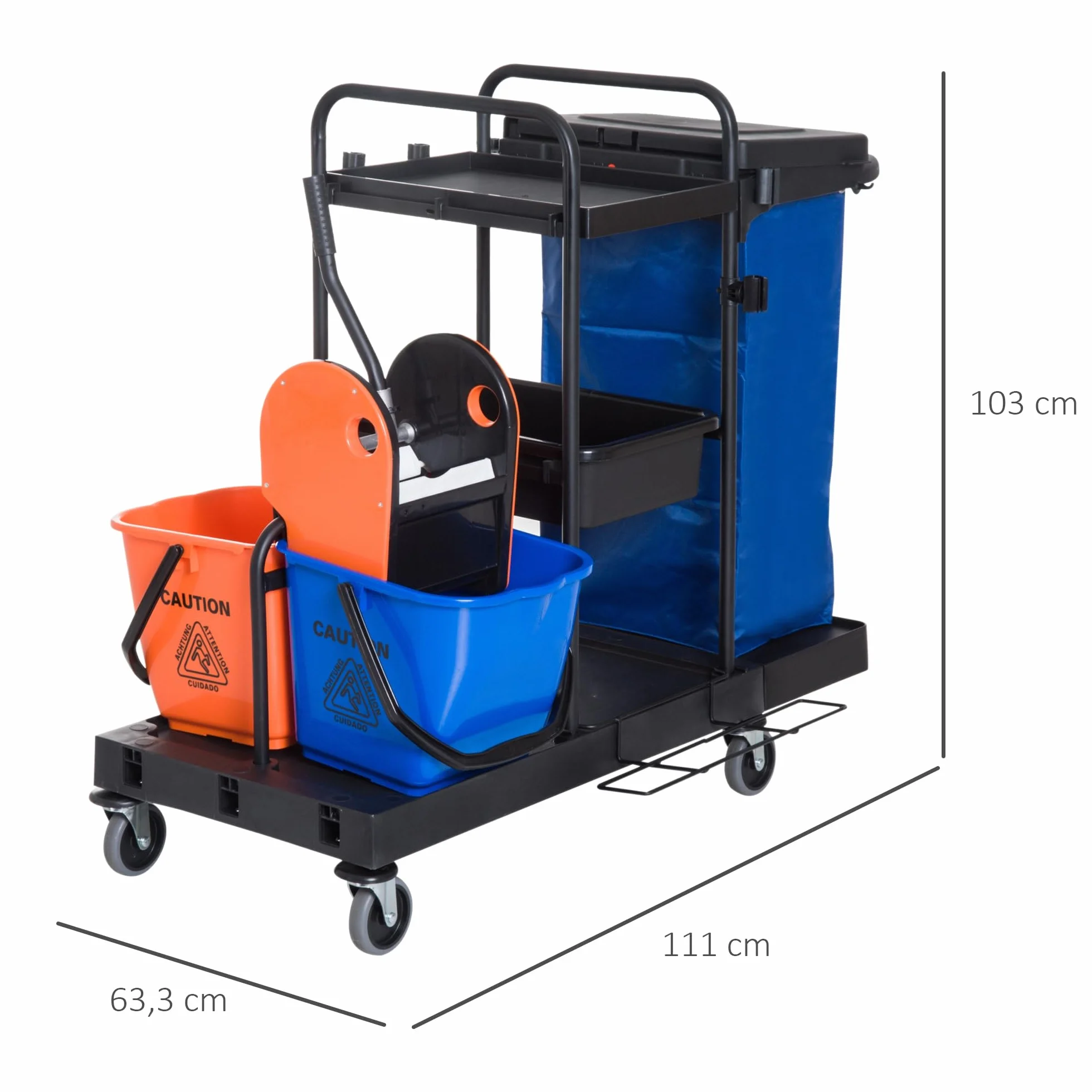 HOMCOM Carro de Limpieza con Bolsa de Basura Carro de Servicio con Cubos de Fregar de 18L Escurridor de Prensa y Estantes para Hotel 111x63,3x103 cm Multicolor