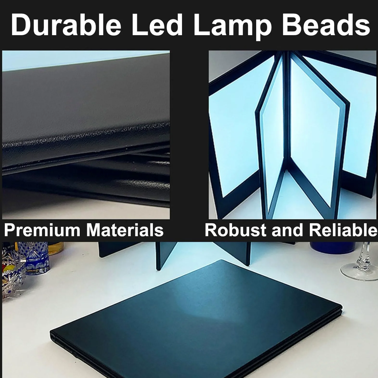 Soporte de menú iluminado LED, cubierta retroiluminada recargable, doble panel plegable para restaurantes, bares, hoteles, cenas finas