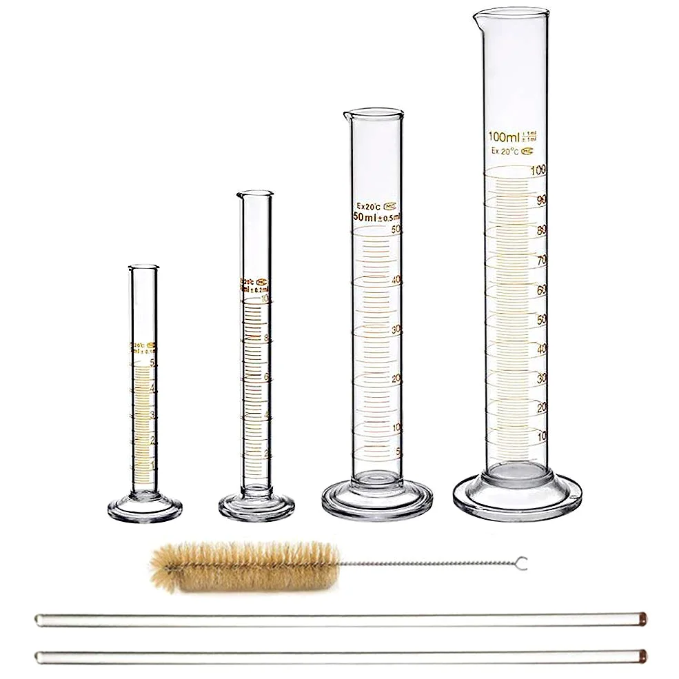 Juego de cilindros graduados de cristal, 5 ml, 10 ml, 50 ml, 100 ml, con 2 varillas de agitador de vidrio y 1 cepillo