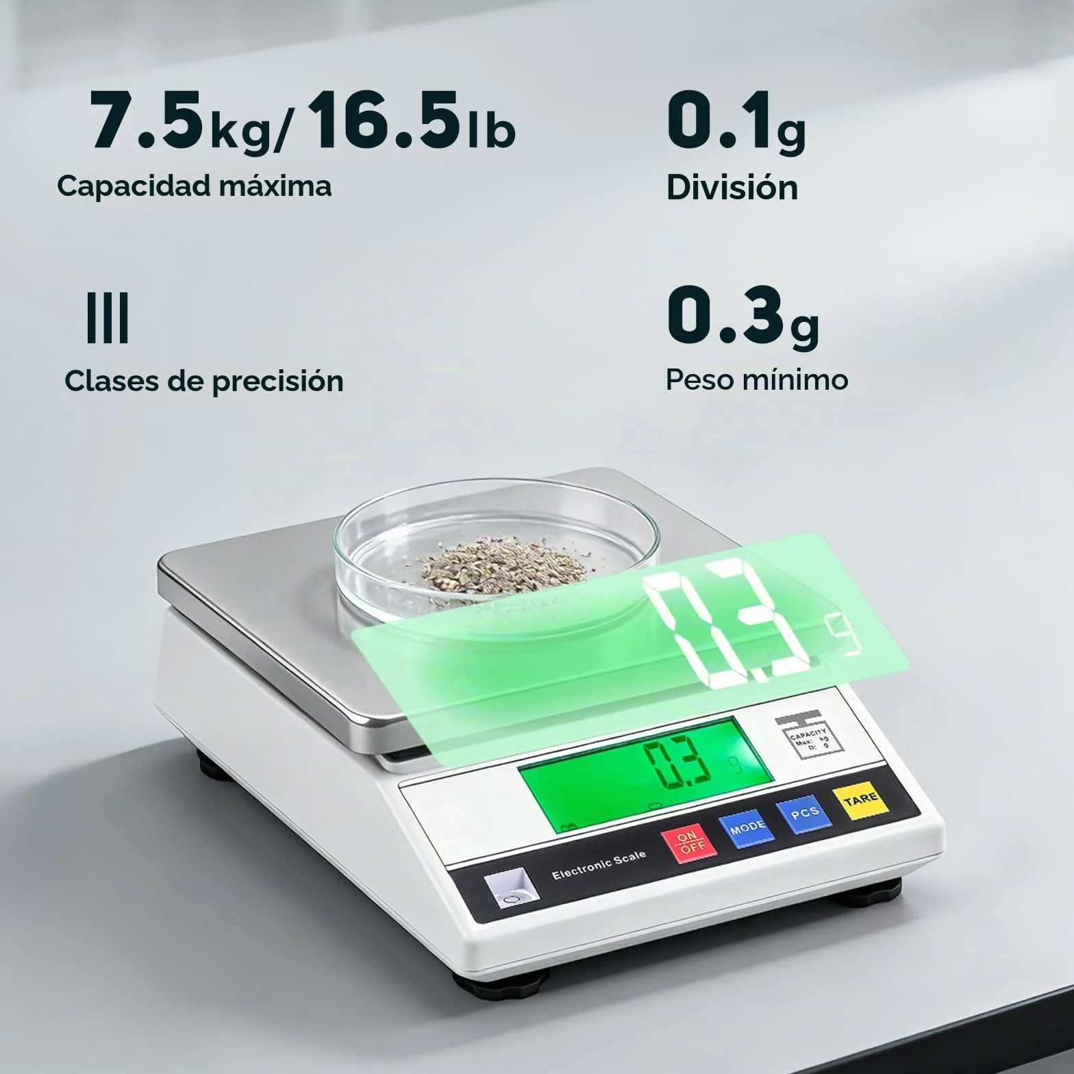 Bonvoisin Báscula de Precisión 7500/0.1 g, Balanza Cuentapiezas Laboratorio Digital Electrónica Analítica con Certificación CE, Función de Conteo y Tara, Acero Inoxidable, Batería y Cargador (0.1g)