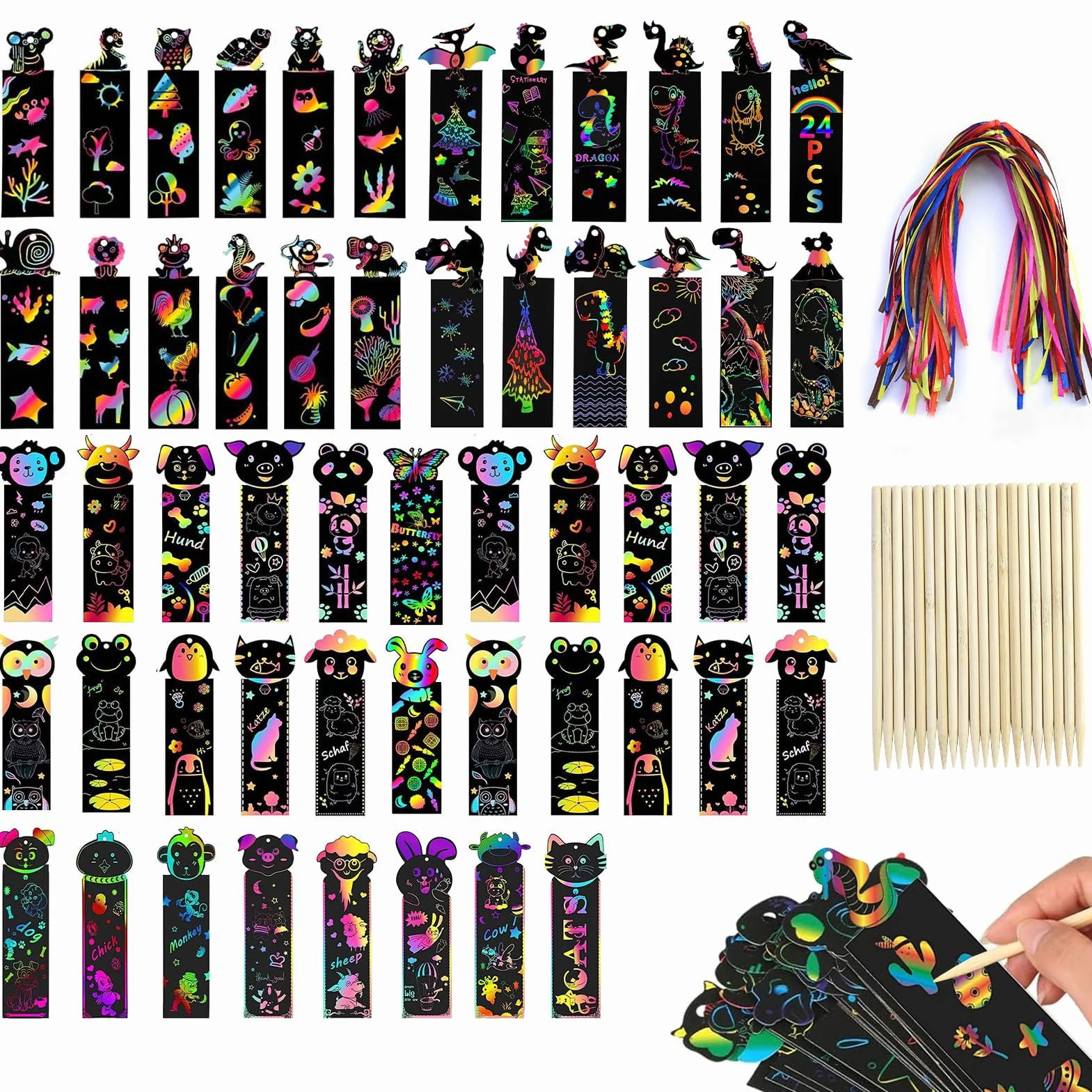 Marcapáginas Scratch Art 60 piezas con cintas y palitos de bambú, diseño arcoíris