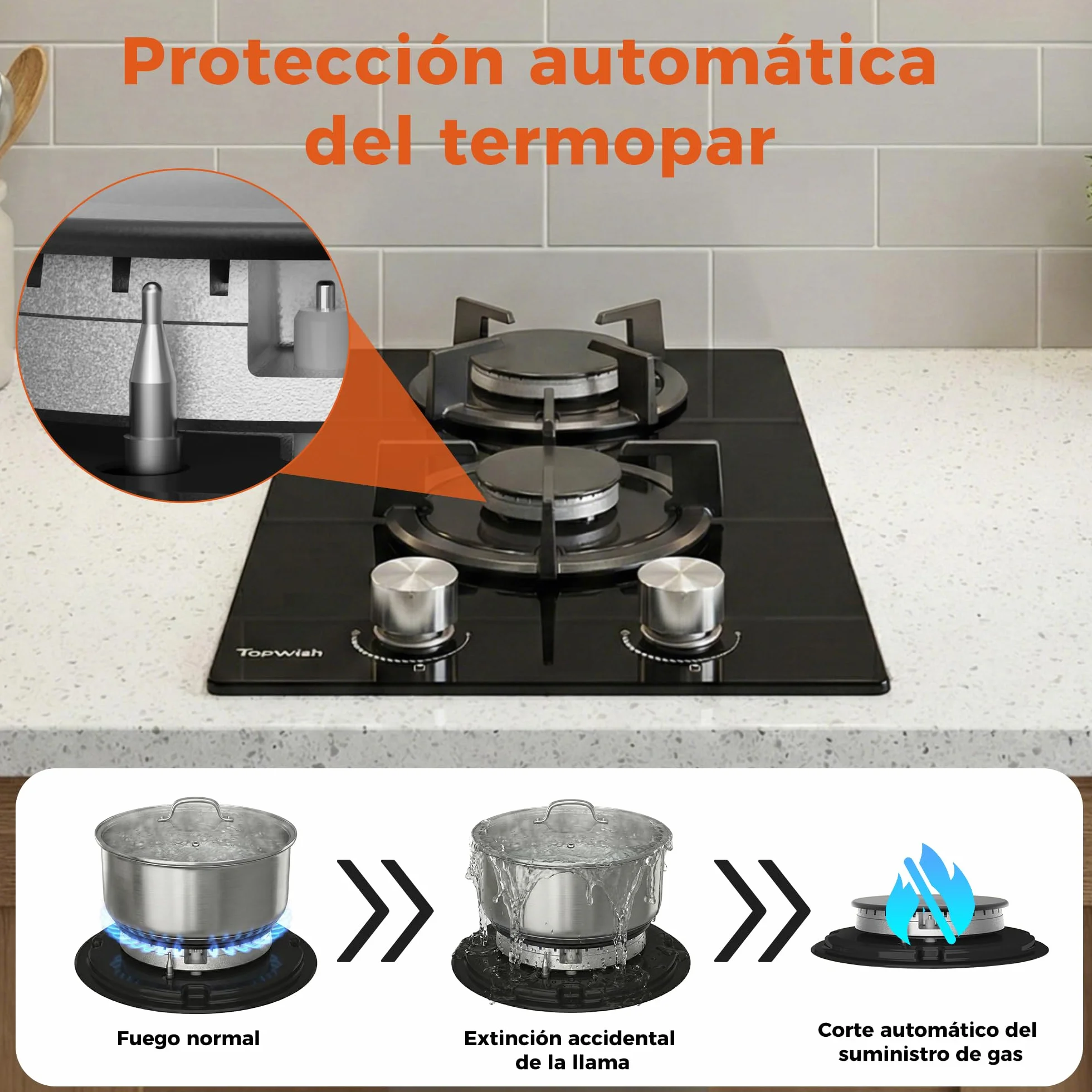 TOPWISH Placa de Gas Butano 2 Fuegos 4750W 30cm NG/LPG Convertible