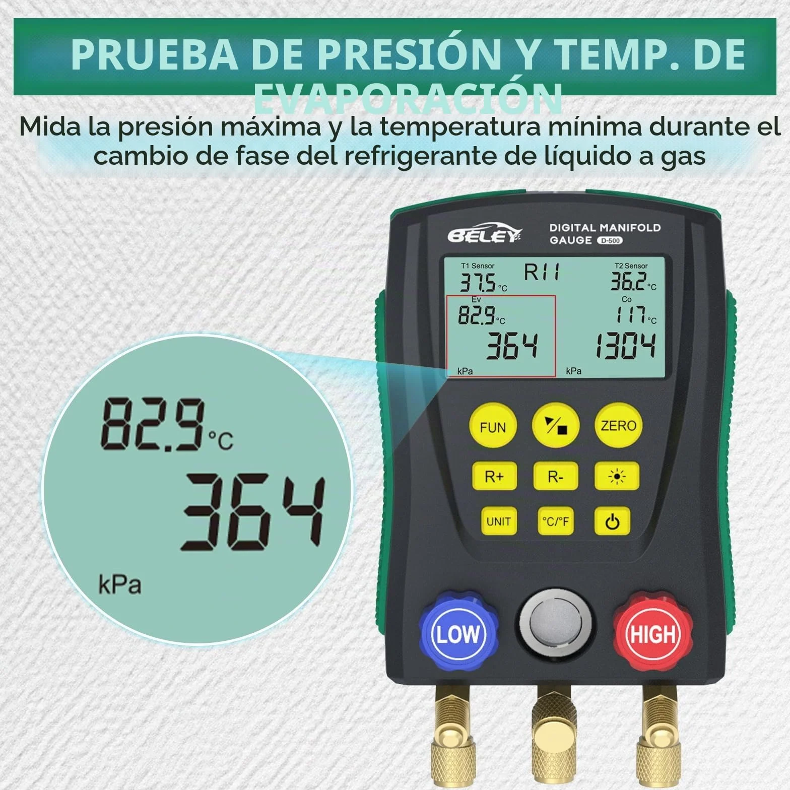 BELEY Juego de manómetros digitales, R32 R410a Kit de indicador digital para sistema de colector, manómetro de sistema HVAC de temperatura para 93 refrigerantes, con 2 abrazaderas de temperatura