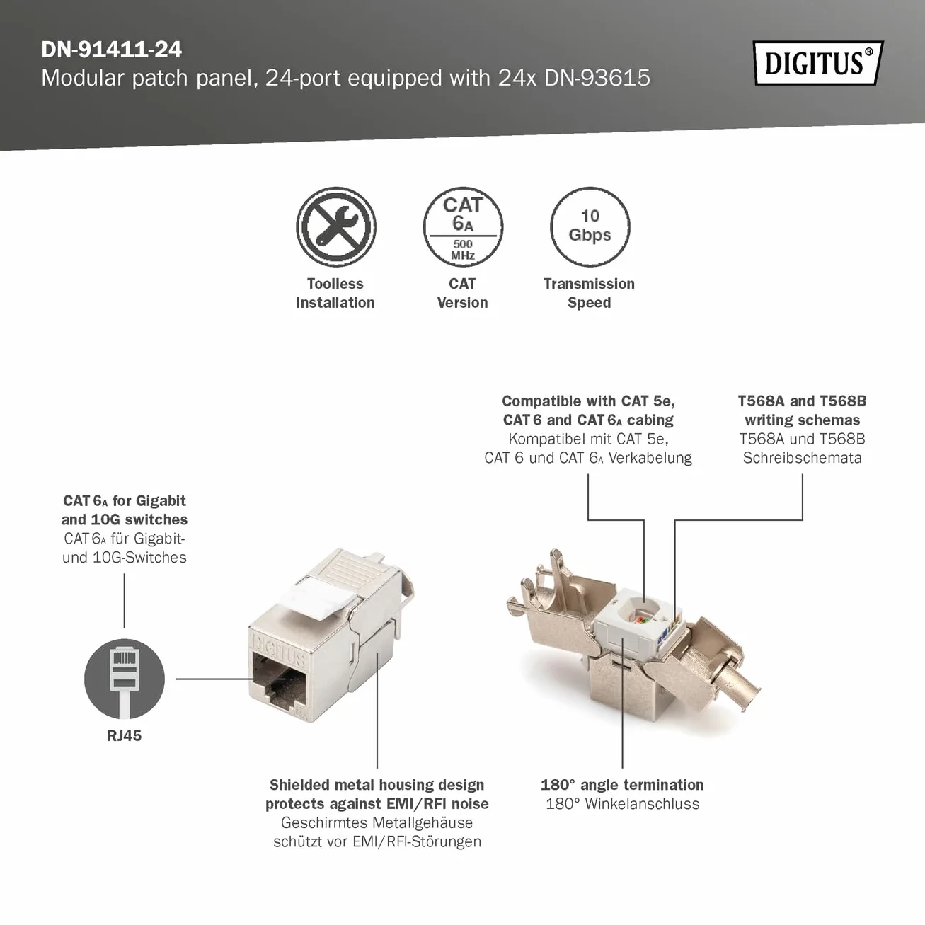 DIGITUS Juego de paneles de conexión CAT 6A 24 puertos DN-93615 500 MHz Montaje en rack 19 pulgadas 1 U Negro