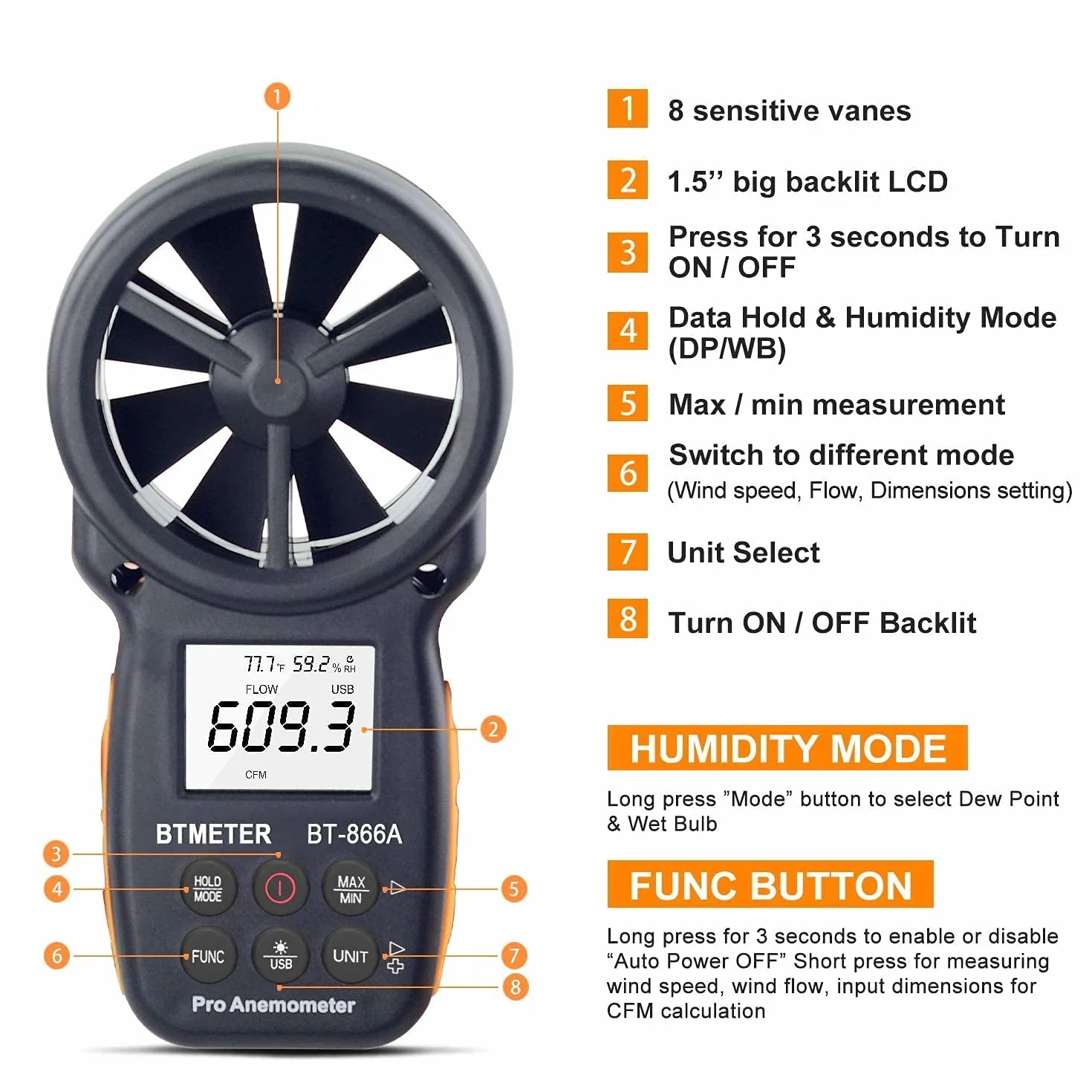 BTMETER BT-866A Anemómetro HVAC CFM Medidor de Velocidad de Viento Digital 0,3-40 m/s con Retroiluminado USB