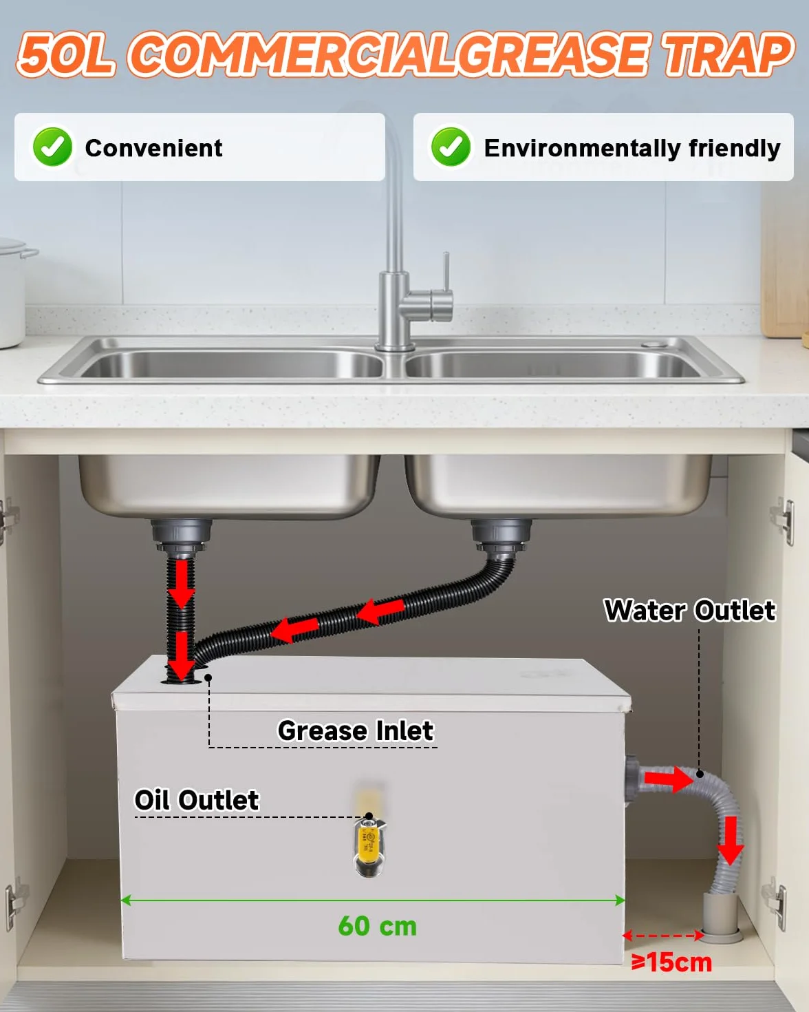 YUCHENGTECH Interceptor de Grasa Comercial 50L Separador de Grasa de Acero Inoxidable Separador de Agua y Aceite Trampa de Grasa para Cocina, Cantina, Restaurante 60x29x29cm