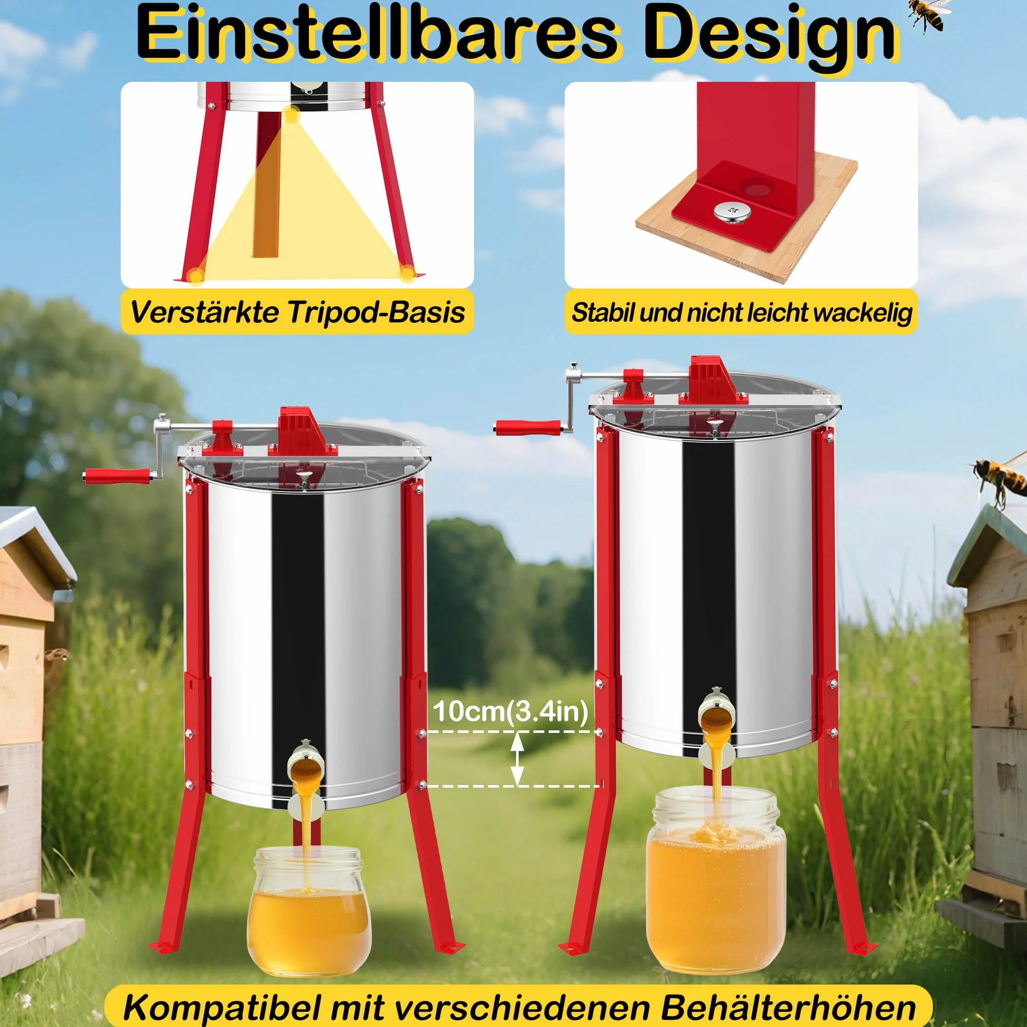 XMTECH Extractor de miel manual con 2 panales de abeja de acero inoxidable, extractor de miel tangencial con tapa de visión y ajuste de altura, tirachinas para aficiones y profesionales, salida de