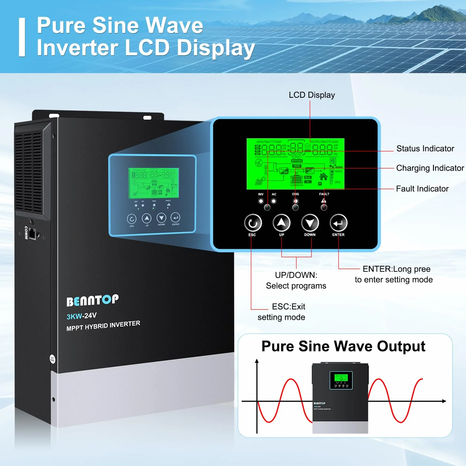 3000W Solar Inversor híbrido 24V a 230v 220v Onda Pura Off-Grid Inversor, con Controlador de Carga Solar MPPT de 80A Incorporado, MAX.PV 400Vdc,admite baterías de Plomo-ácido y Litio