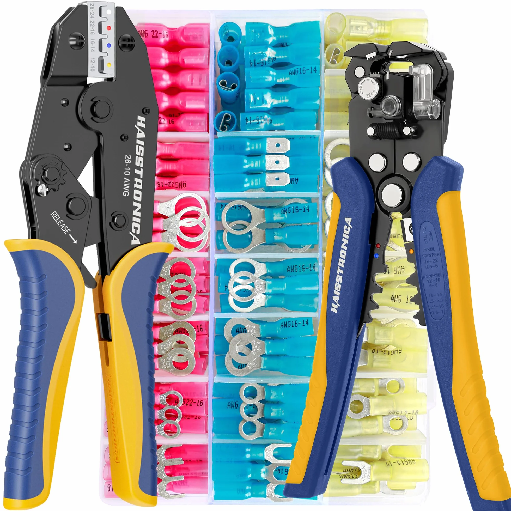 Kit de Crimpadora con Pelacables y 280 Conectores Termorretráctiles 0,5–6 mm² AWG22–10