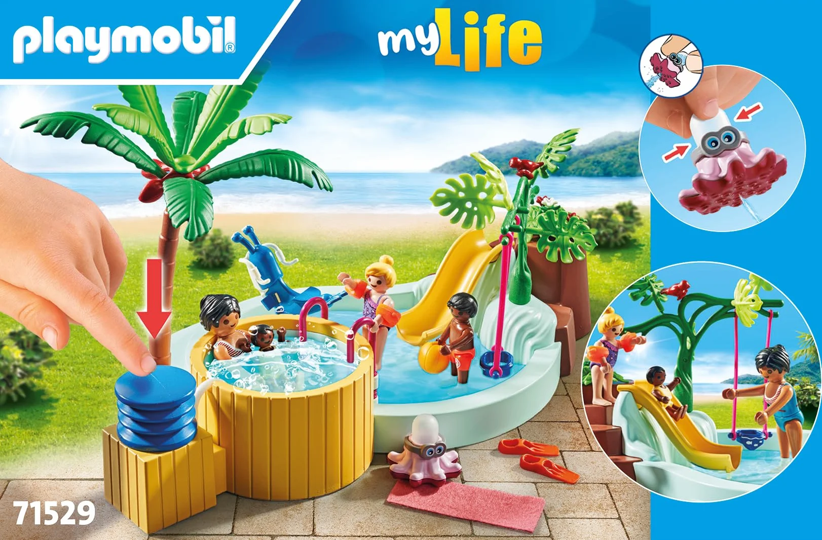PLAYMOBIL myLife Promo Pack 71529 Piscina Infantil con Jacuzzi, Tobogán de Olas, Balancín y Columpio, Juguetes para niños a Partir de 4 años