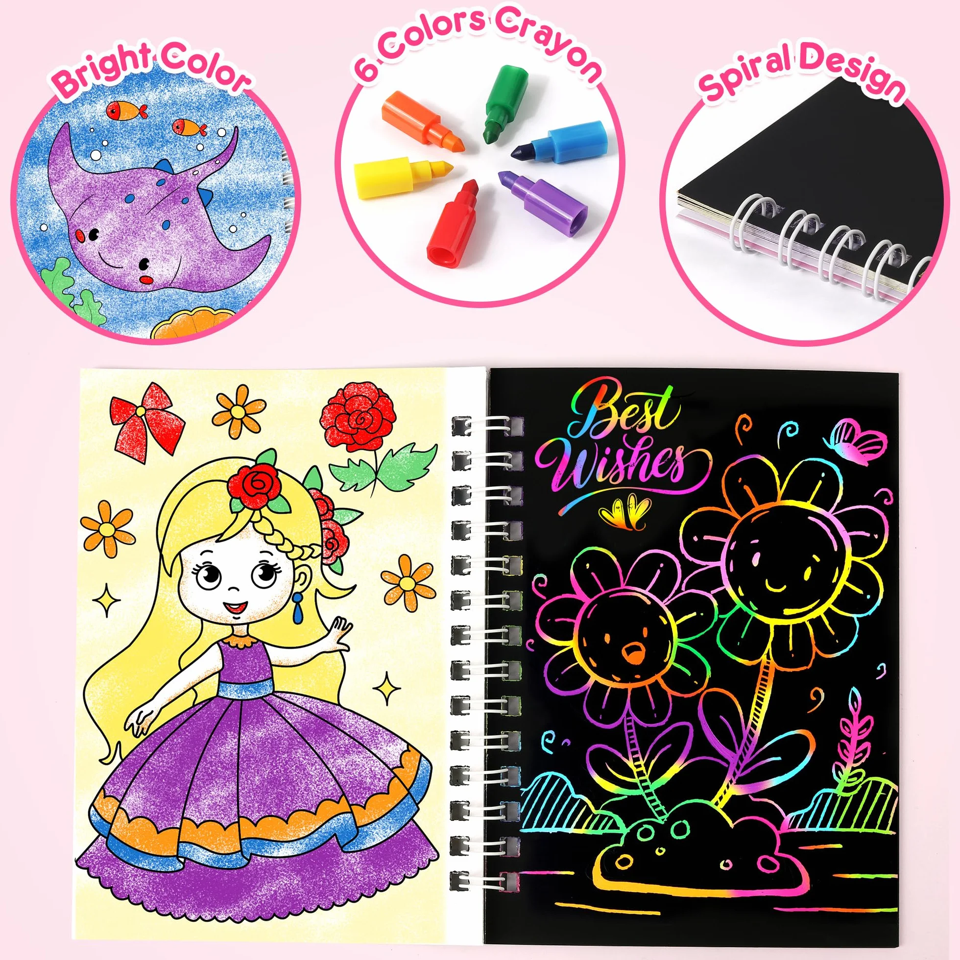 Mocoosy Juego de 24 cuadernos para colorear y Scratch Art para niños, kit de dibujo de papel arcoíris de doble cara