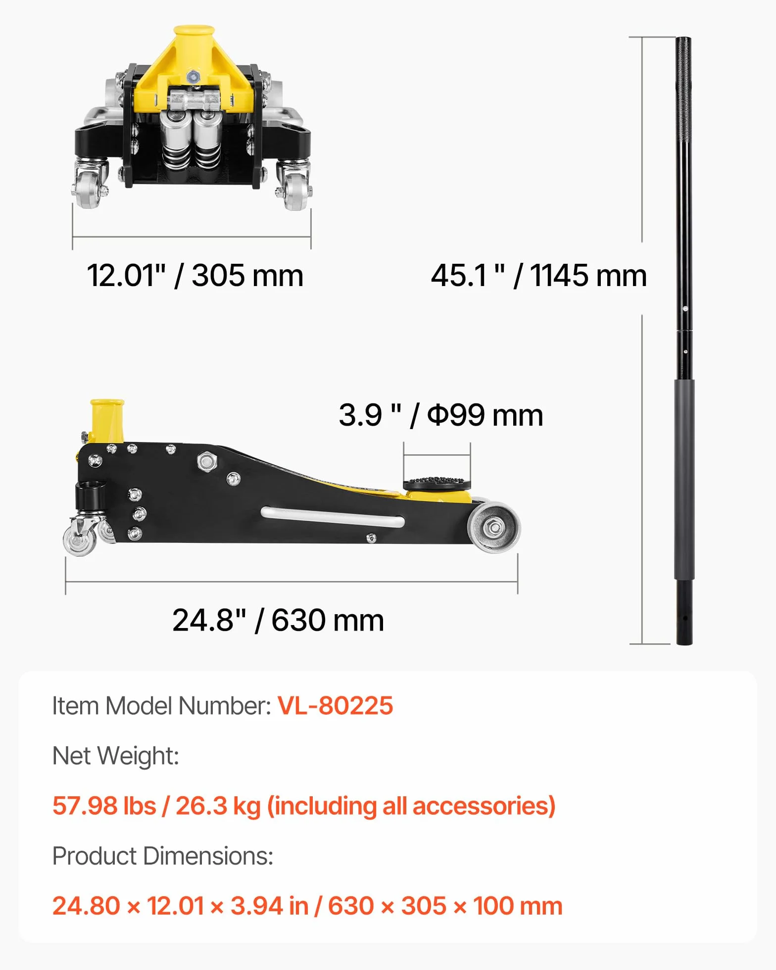 VEVOR Gato Hidráulico de Perfil Bajo Capacidad de 2,5 T, Gato de Acero para Coches, Bomba de Elevación Rápida de Pistón Doble, Rango de Elevación de 9,5 a 47,5 cm, para Automóviles, Vehículos