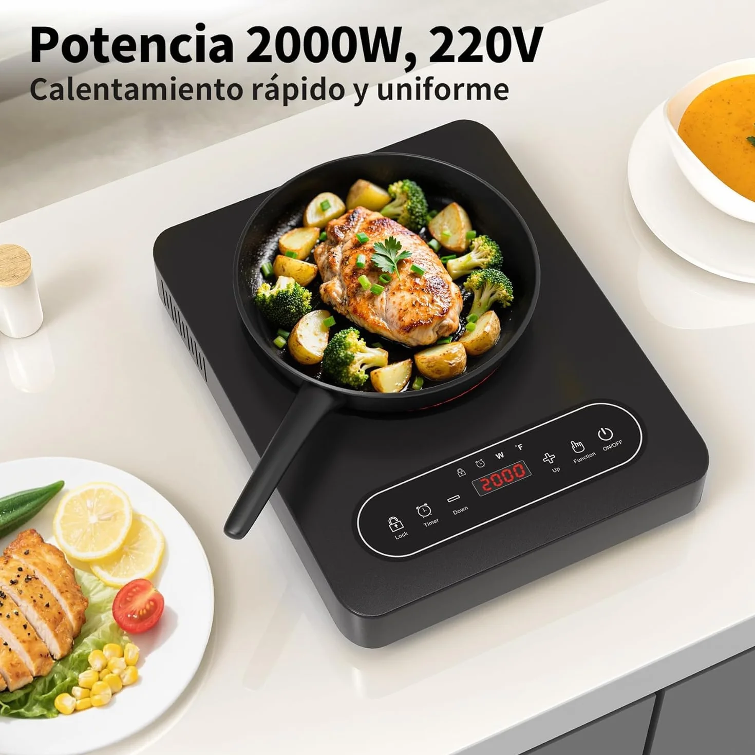 Placa Vitrocerámica Portátil 2000W 10 Niveles Temporizador 220V~240V Bloqueo Seguridad Controles Táctiles