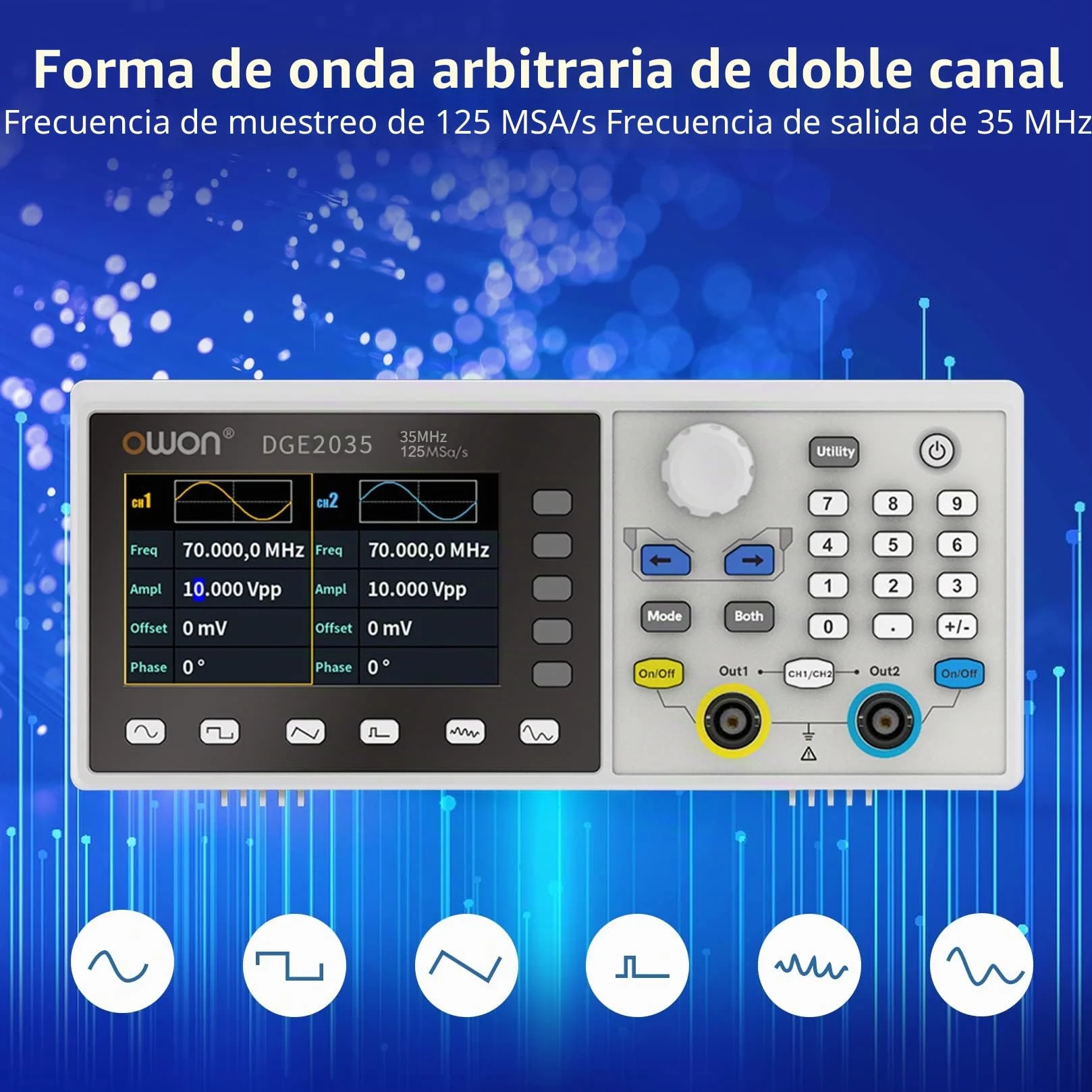 OWON Generador de funciones de 35 MHz de canales duales DGE2035, generador de forma de onda arbitraria portátil con pantalla LCD de 3,6 pulgadas, generador de señal de frecuencia muestreo de 14 bits