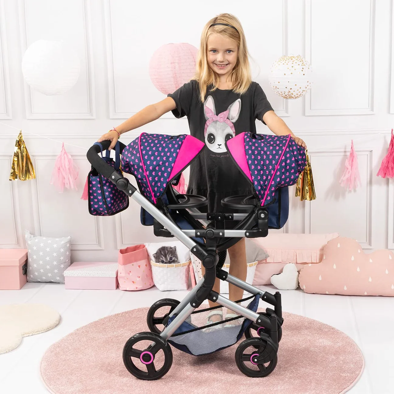 Bayer Design Cochecito de Muñeca Gemelas, Carrito Paseo Ajustable en Altura, Plegable, Azul Unicornio Corazones