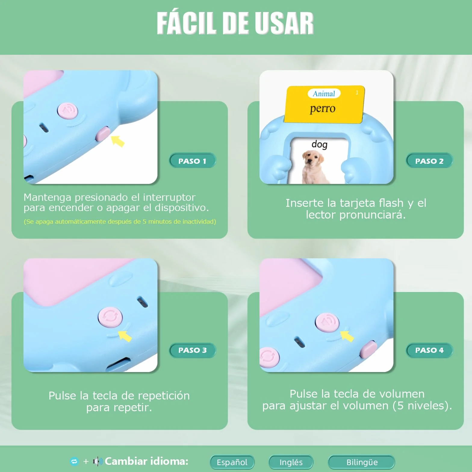 Tarjetas Flash Parlantes 510 Palabras Juguetes Educativos Niños 3+ Años 255 Tarjetas Talking Flash Card Azul