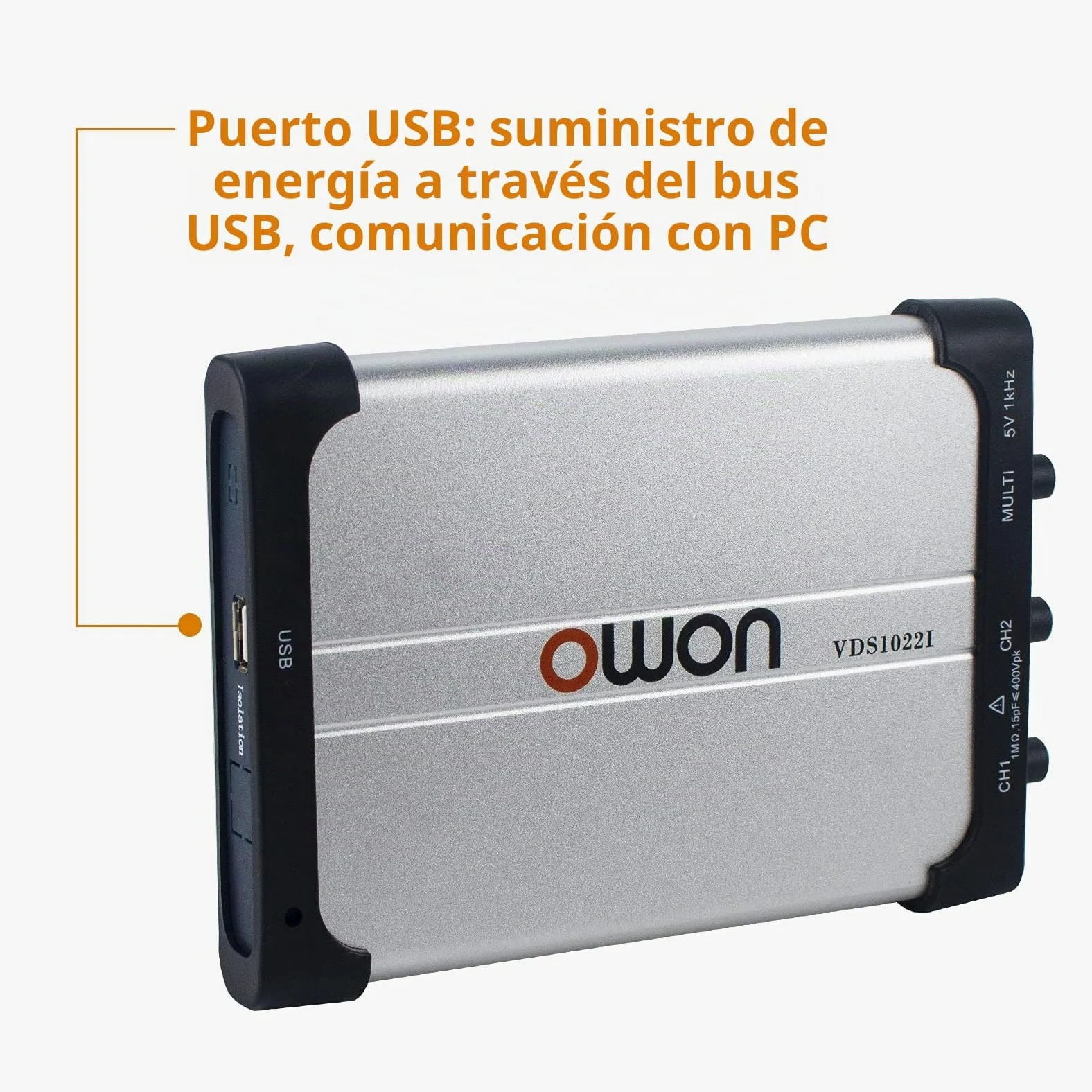OWON VDS1022i Oscilloscopio USB basato su PC, 2+1 (multi) canali portatile, larghezza di banda 25 MHz con isolamento del canale
