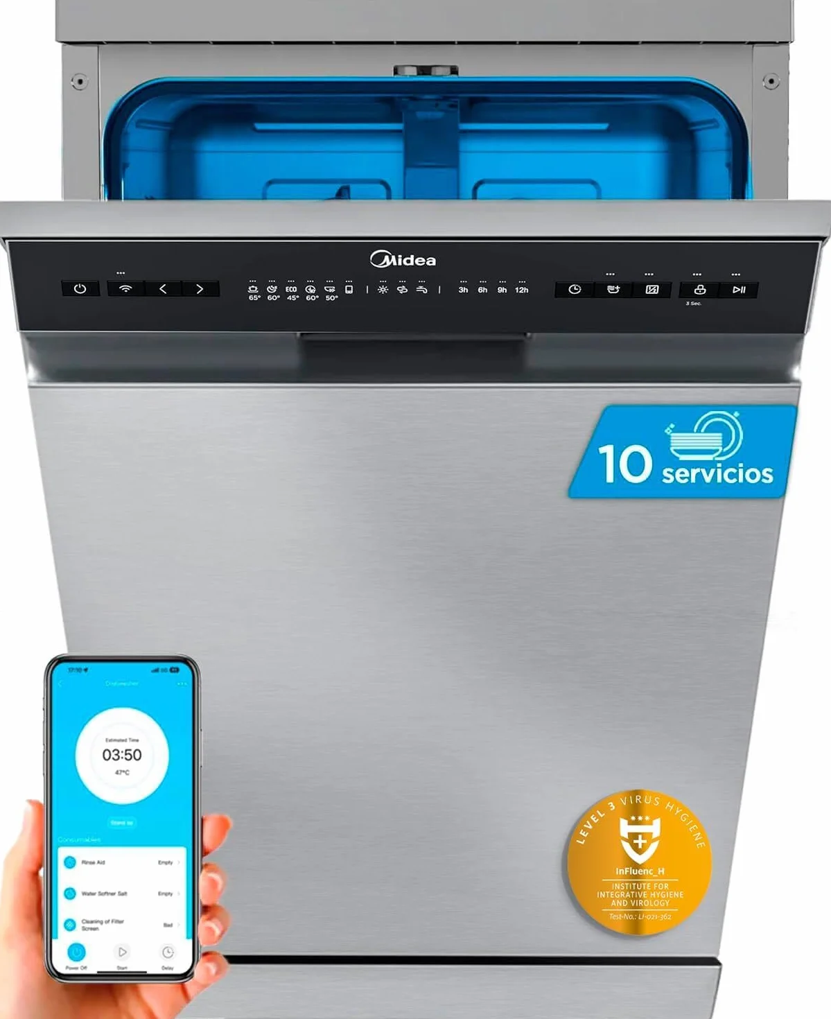 Midea Lavavajillas 45 cm Inox 10 Servicios 8 Programas Lavaplatos Libre Instalación Compacto Integrable
