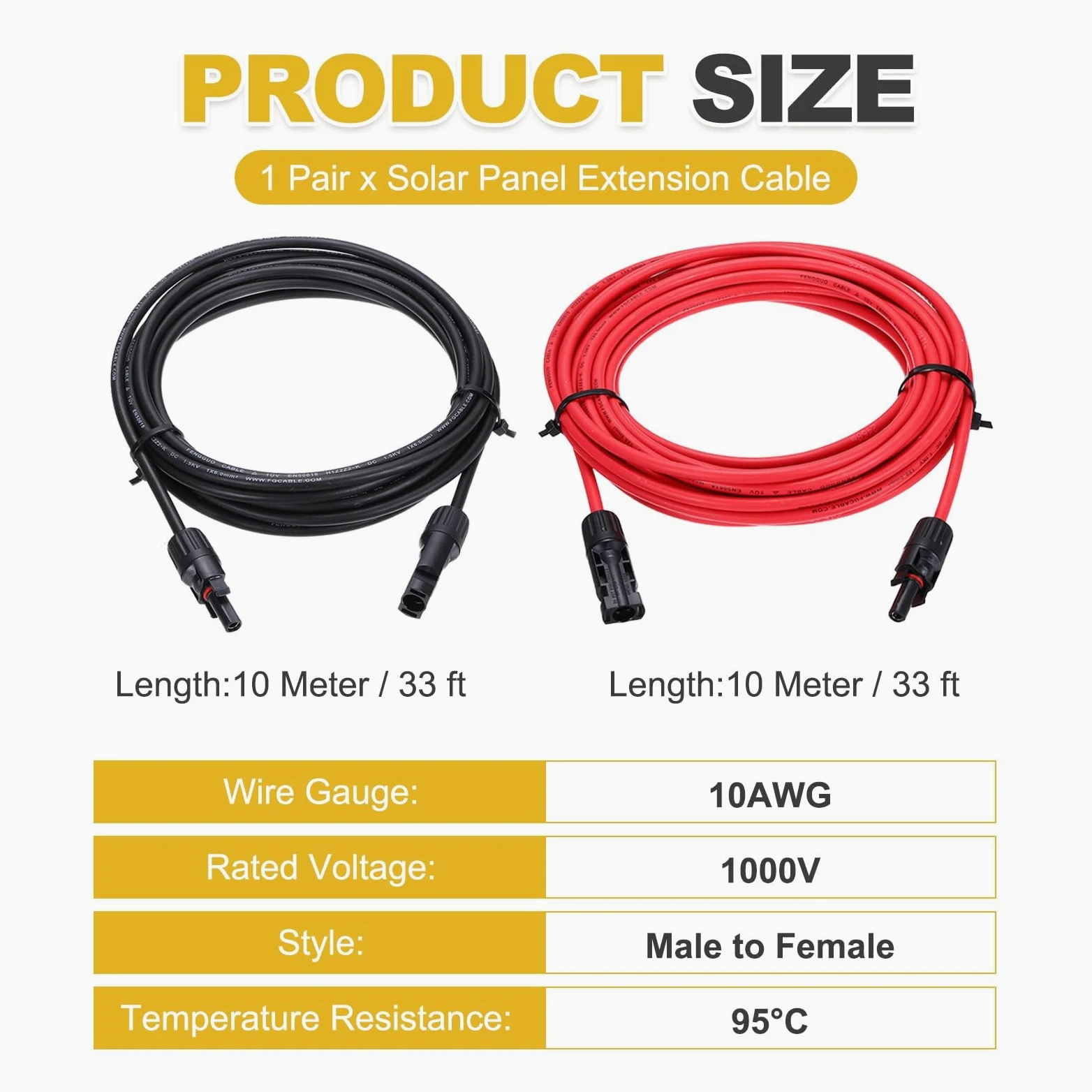 QUARKZMAN 1 Par De Cable De Extensión Para Paneles Solares, 10AWG 1000V Macho A Hembra Cable De Extensión, Cable Para Paneles Solares Para Autocaravanas, Negro&Rojo 33 Pies
