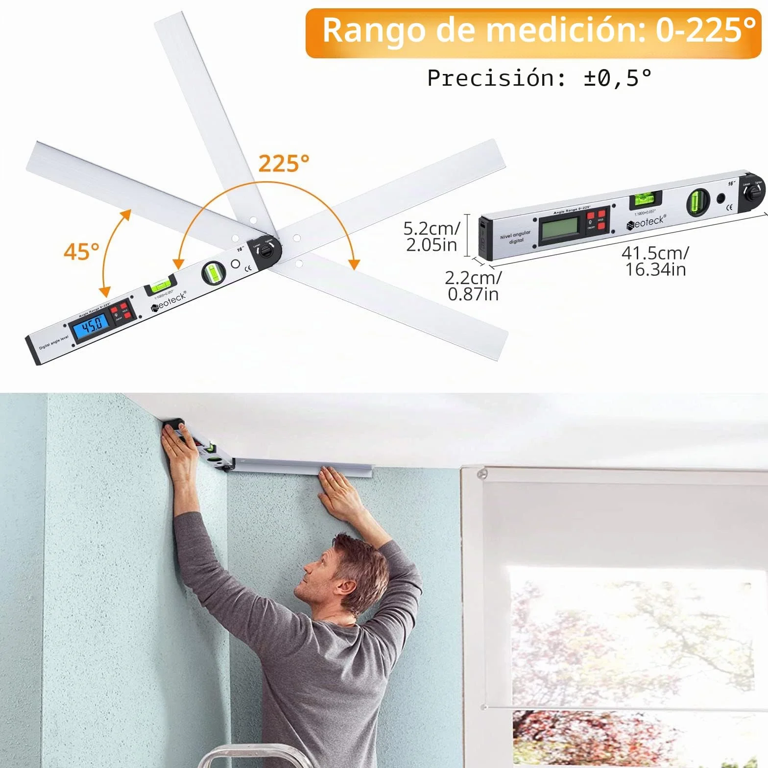 Neoteck Buscador de Ángulo Digital 400mm 0~225° Transportador de Ángulo con Bolsa Portátil Nivel LCD Retroiluminada