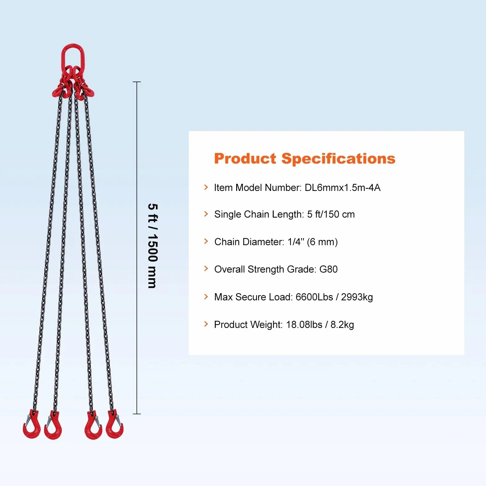 Eslinga de Cadena G80 6/8/10 mm 1,5/3 m con Ganchos para Polipasto Motor Transportar Cargas