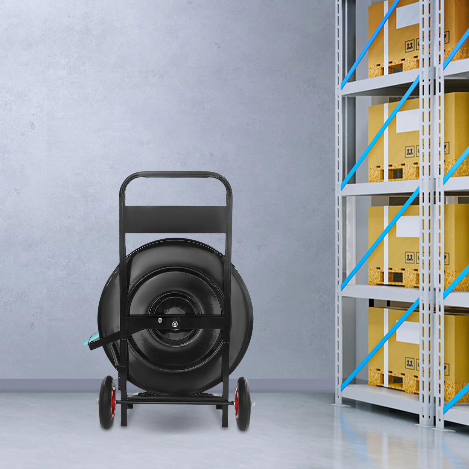 Carro para flejado, dispensador de flejes móvil y carro de flejes pesados con bandejas de almacenamiento, ruedas de hasta 80 kg, para cinta PP (200 mm/400 mm de diámetro interior)