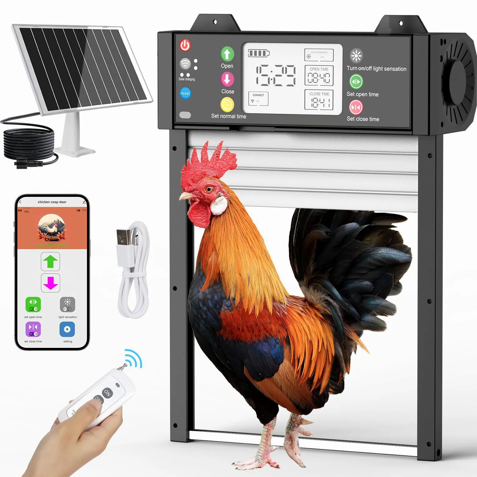 Shinmax Puerta de pollo automática solar con aplicación, controlador, estado de puerta en tiempo real, puerta eléctrica automática con temporizador sensor de luz, mando a distancia, protección