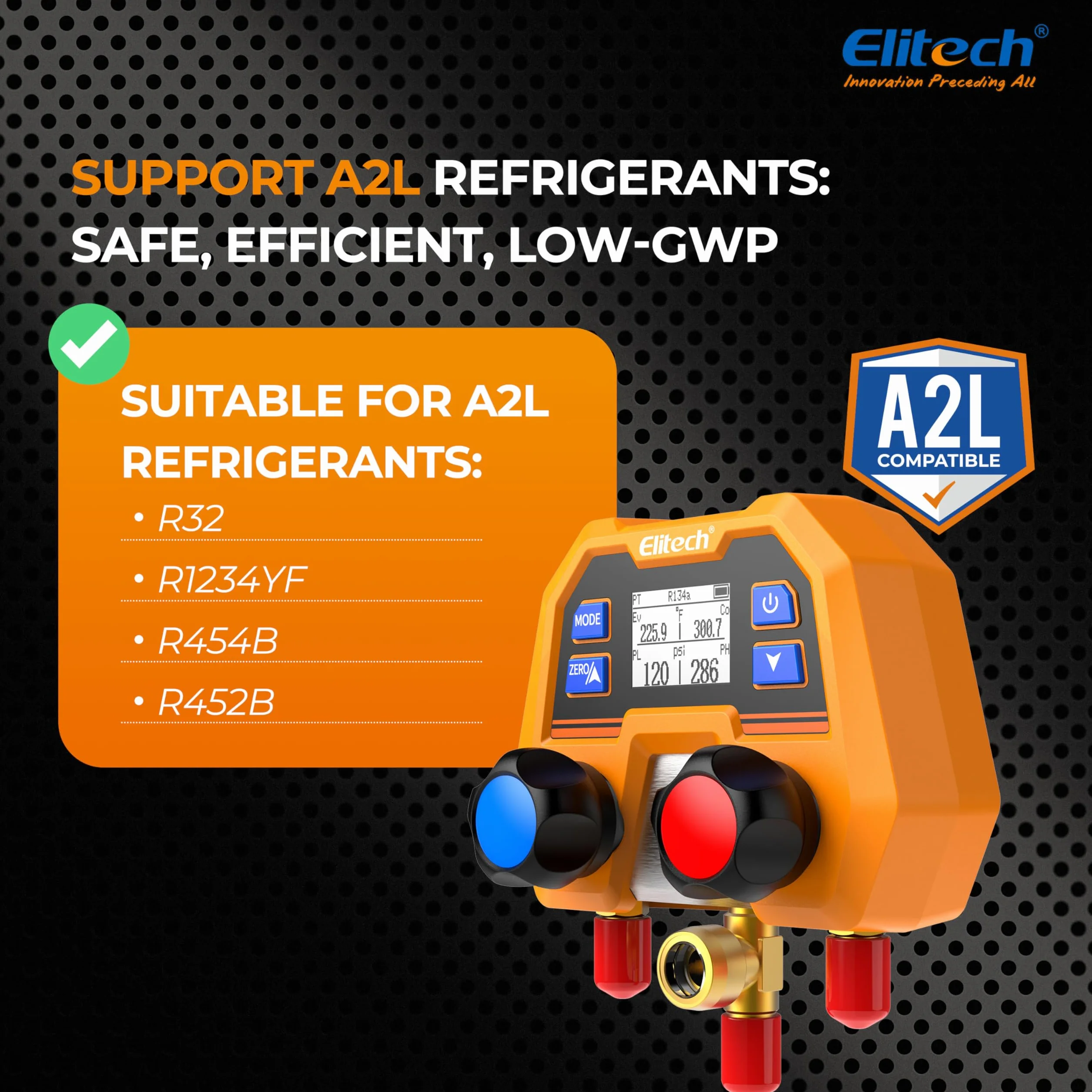 Elitech Manifold - Medidor de refrigerante 600 psi/41 bar ± 1% de precisión, 88 tipos de refrigerantes y medición de presión/temperatura, protección IP54 para sistemas de aire acondicionado