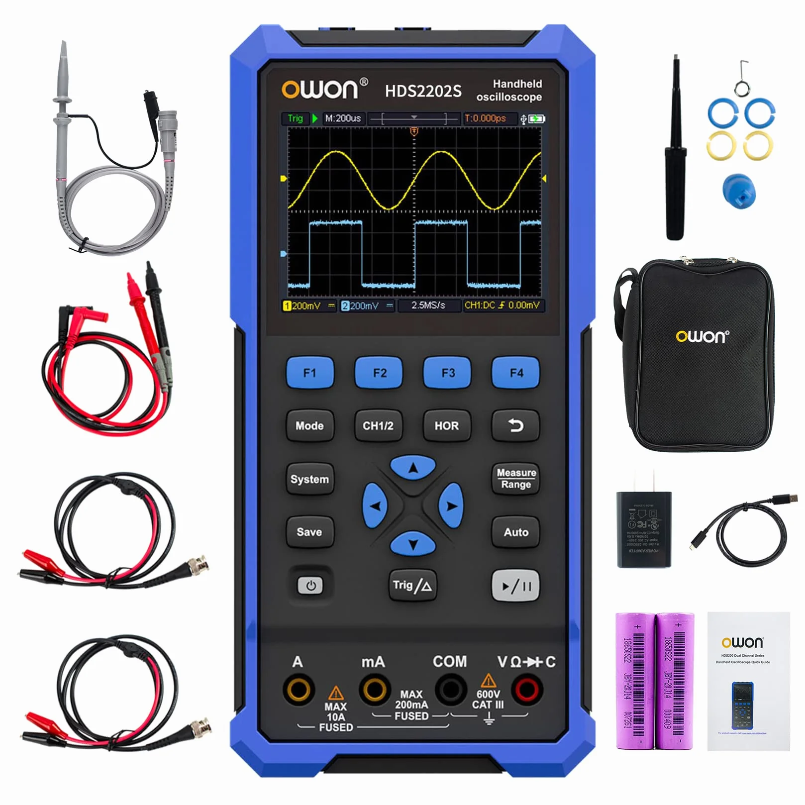 OWON HDS2202S Osciloscopio 3 en 1 200 MHz Ancho de banda USB Tipo-C con pantalla LCD de 3,5 pulgadas, Multímetro digital de 20000 recuentos, Osciloscopio digital de 2 canales, Generador de 1 canal