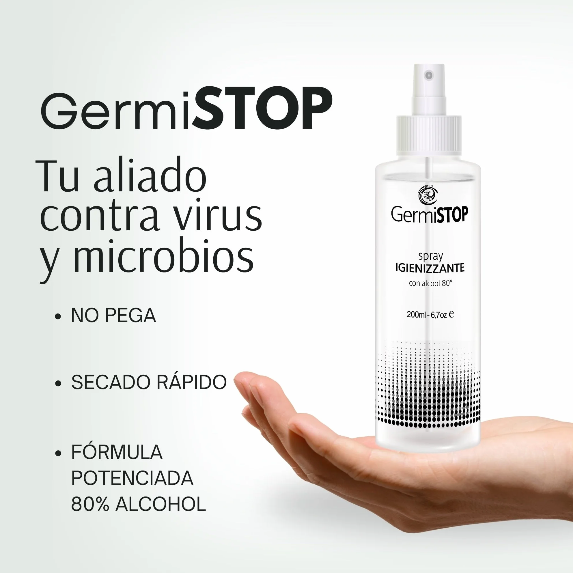 Higienizante de Manos 80% Alcohol 200ml Spray con Glicerina, Superficies