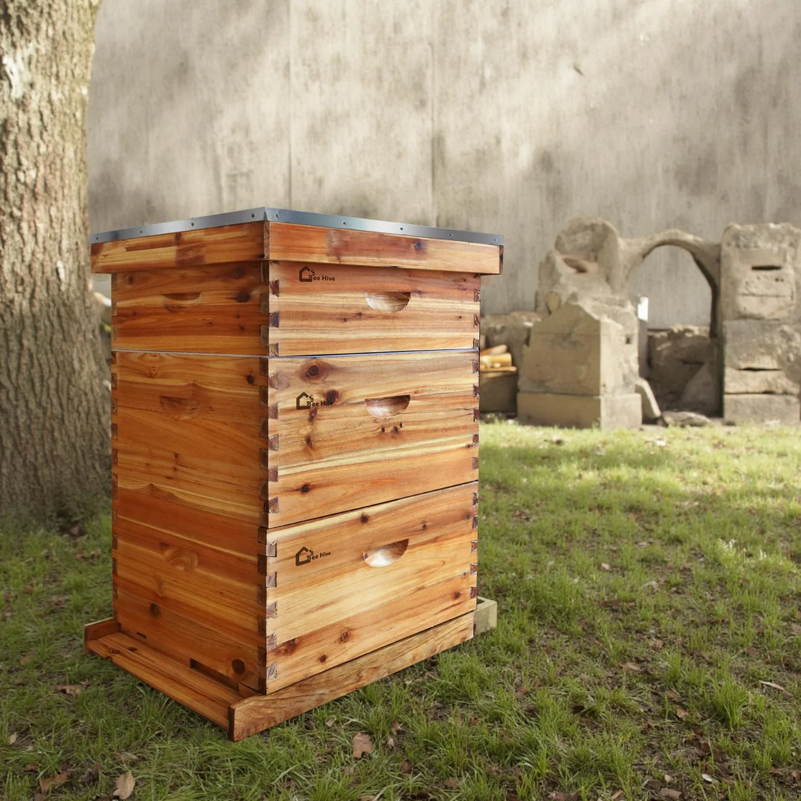 Juego de iniciación de colmena, caja de almacenamiento con 2 cajas profundas + 1 caja media, botín de madera maciza con 10 marcos y base encerada, colmena de abejas sostenible