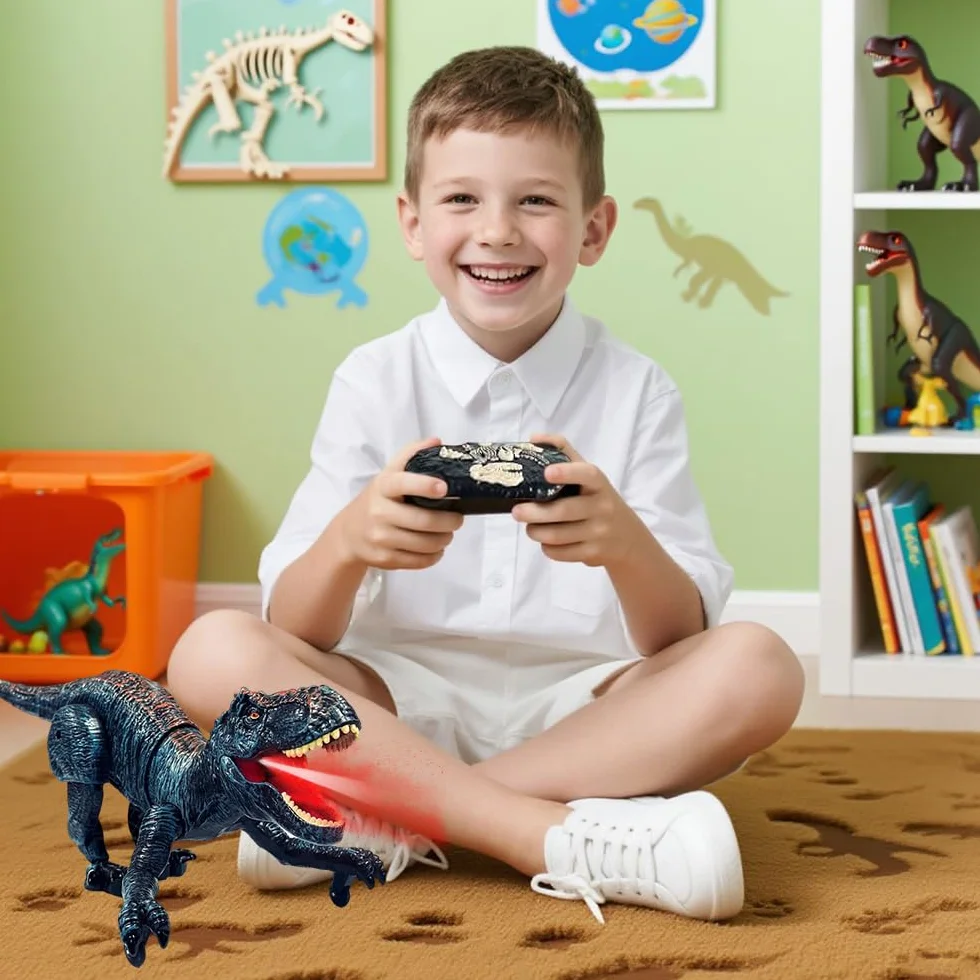 Dinosaurio Teledirigido 2.4 GHz Recargable con Rociar Rugido y Luz Juguete para Niños 3+ Años Azul
