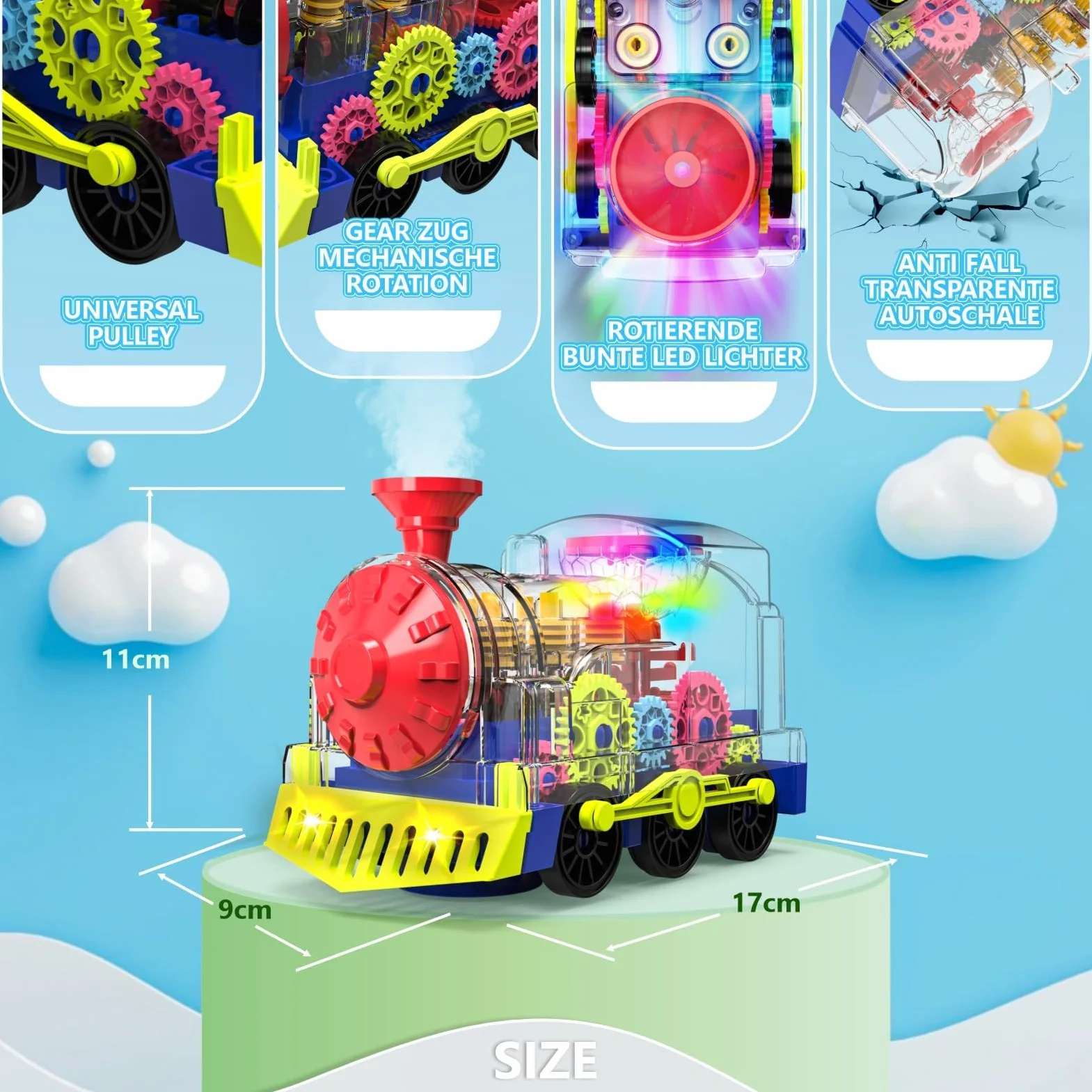 Juguete de Tren Luminoso para Niños Pequeños: Engranaje Transparente con Luces y Música, Educativo para Gatear