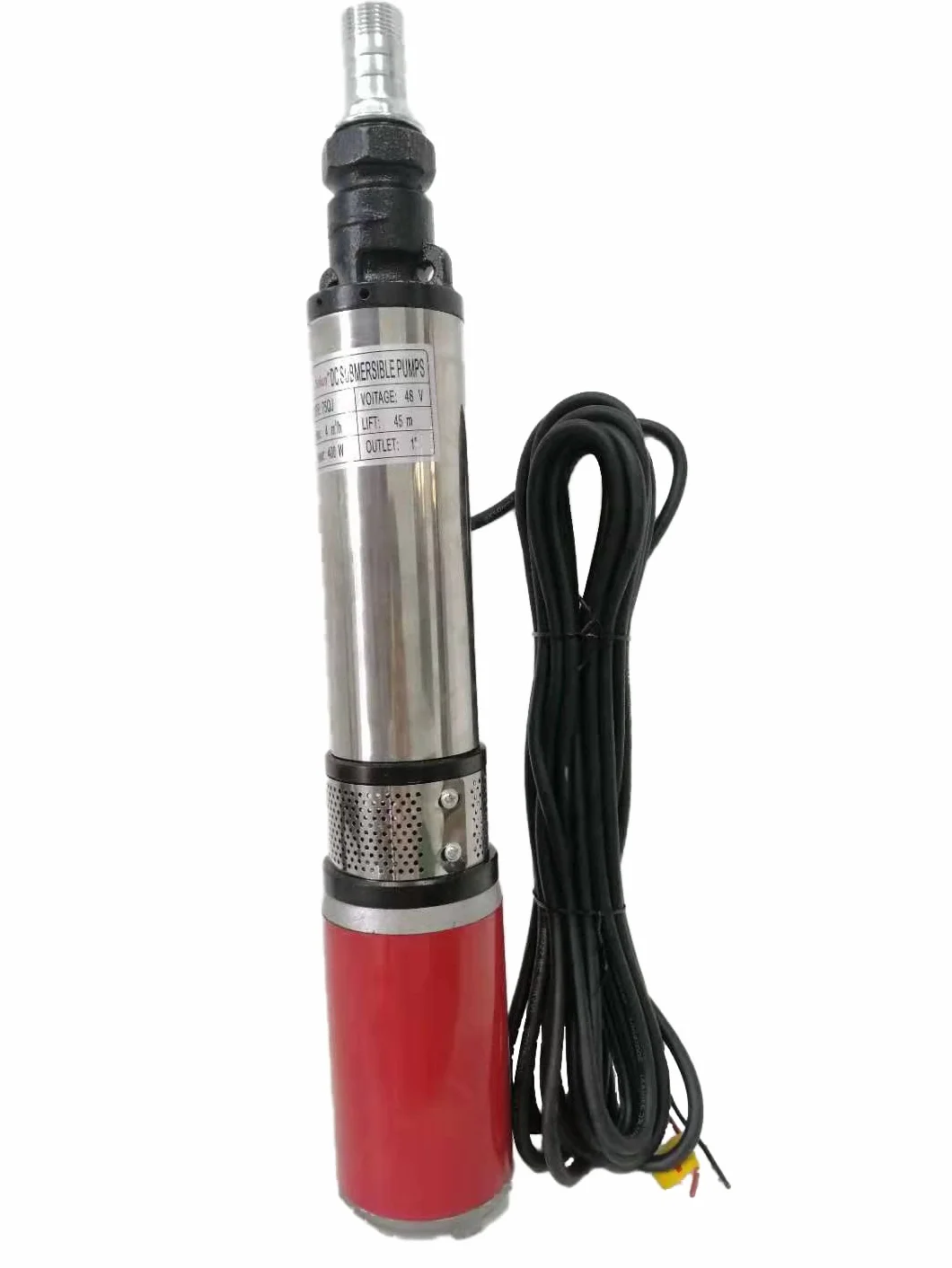 bomba de pozo profundo Ascensor 35m Bomba de agua sumergible de acero inoxidable de tubo de 3 pulgadas 1 en salida 300W 24V Bomba sumergible solar de DC para Piscina Riego Agrícola Jardín