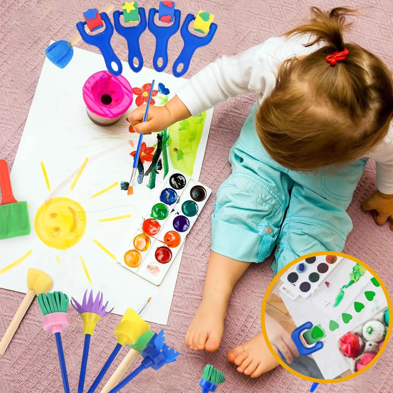 Set de Pinceles para Niños 31 Piezas, Herramientas de Pintura con Esponjas y Sellos