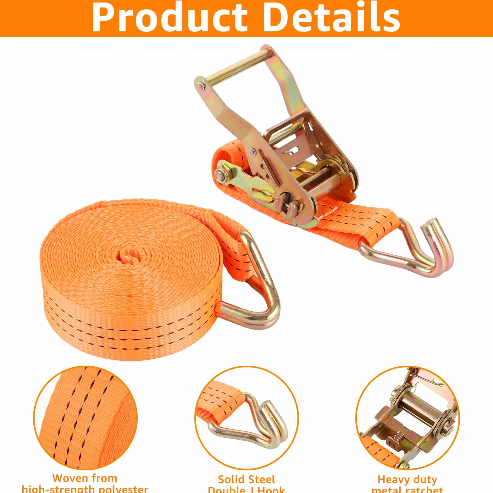 Cinchas de Amarre 6m x 38mm Naranjas con Trinquete y Ganchos Eslingas de Carga