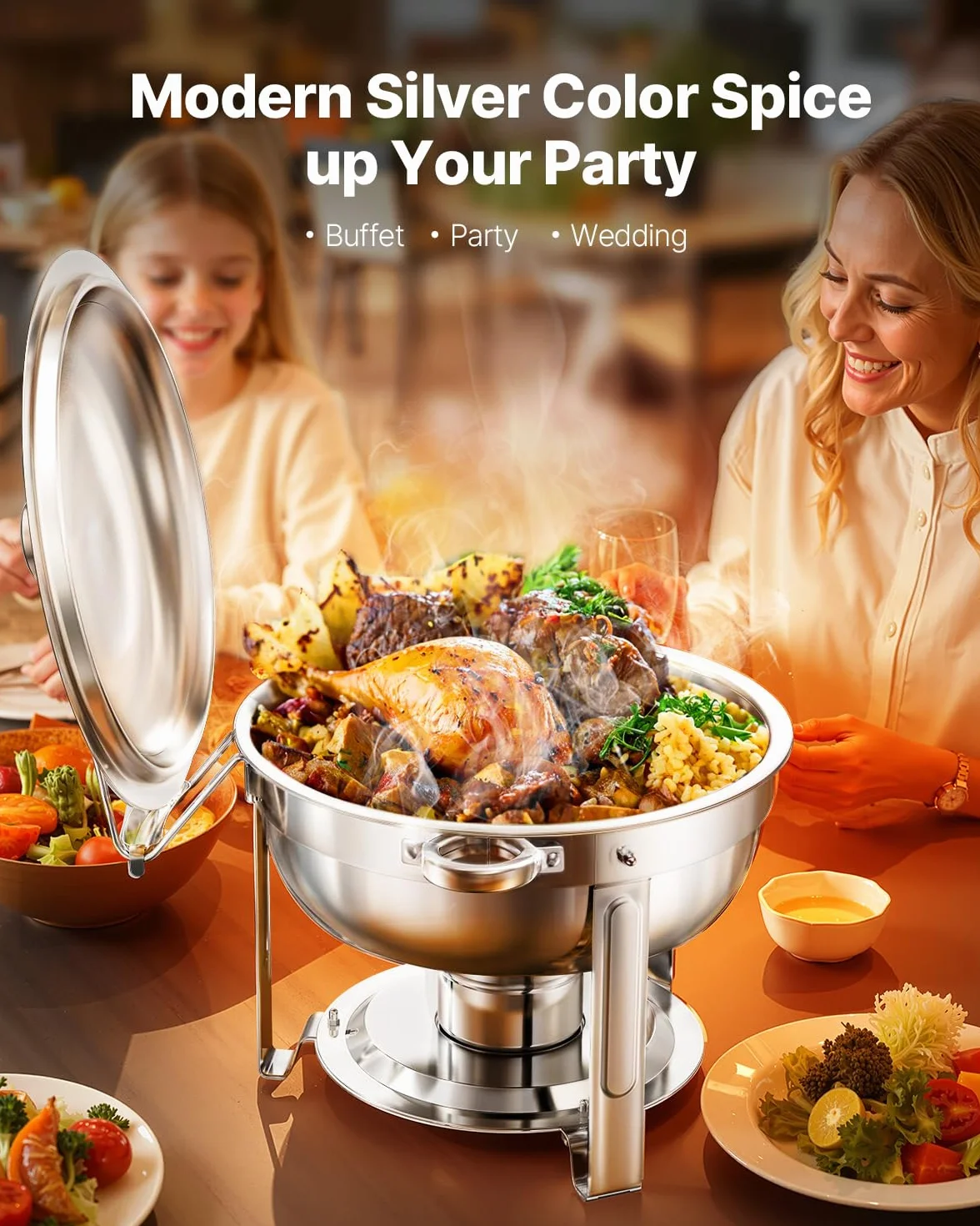 VEVOR Calentador de Alimentos para Bufé con 4 Recipientes de Tamaño Completo(4,7 L Cada Uno), Redondo, para Catering con Tapa, Bandeja de Agua y Soporte Plegable, para Bodas y Fiestas, Plata