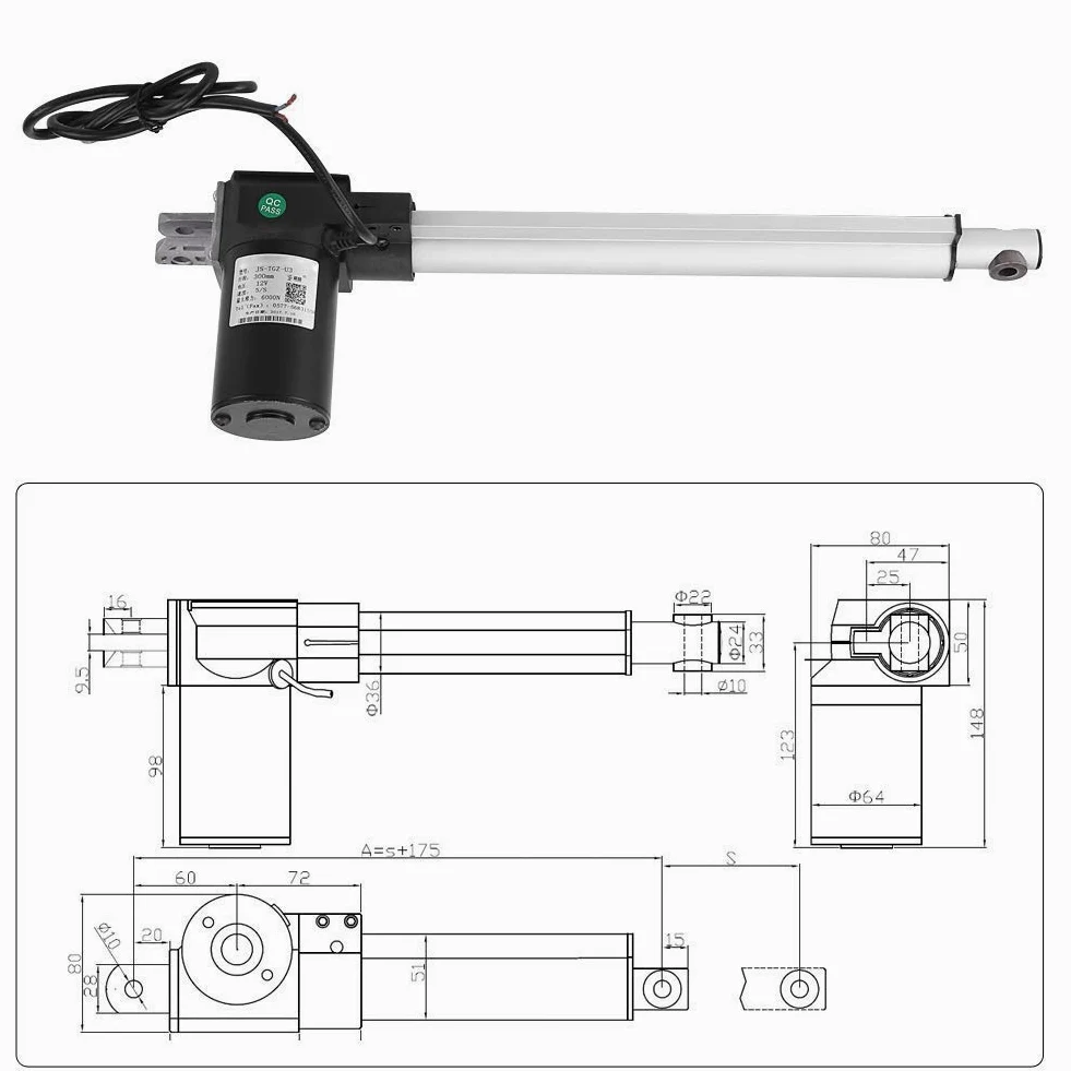 Accionamiento lineal de 12 V CC, actuador lineal, motor lineal, actuador lineal, actuadores para abrepuertas eléctricas médicas electrónicas, 6000 N, 300 mm