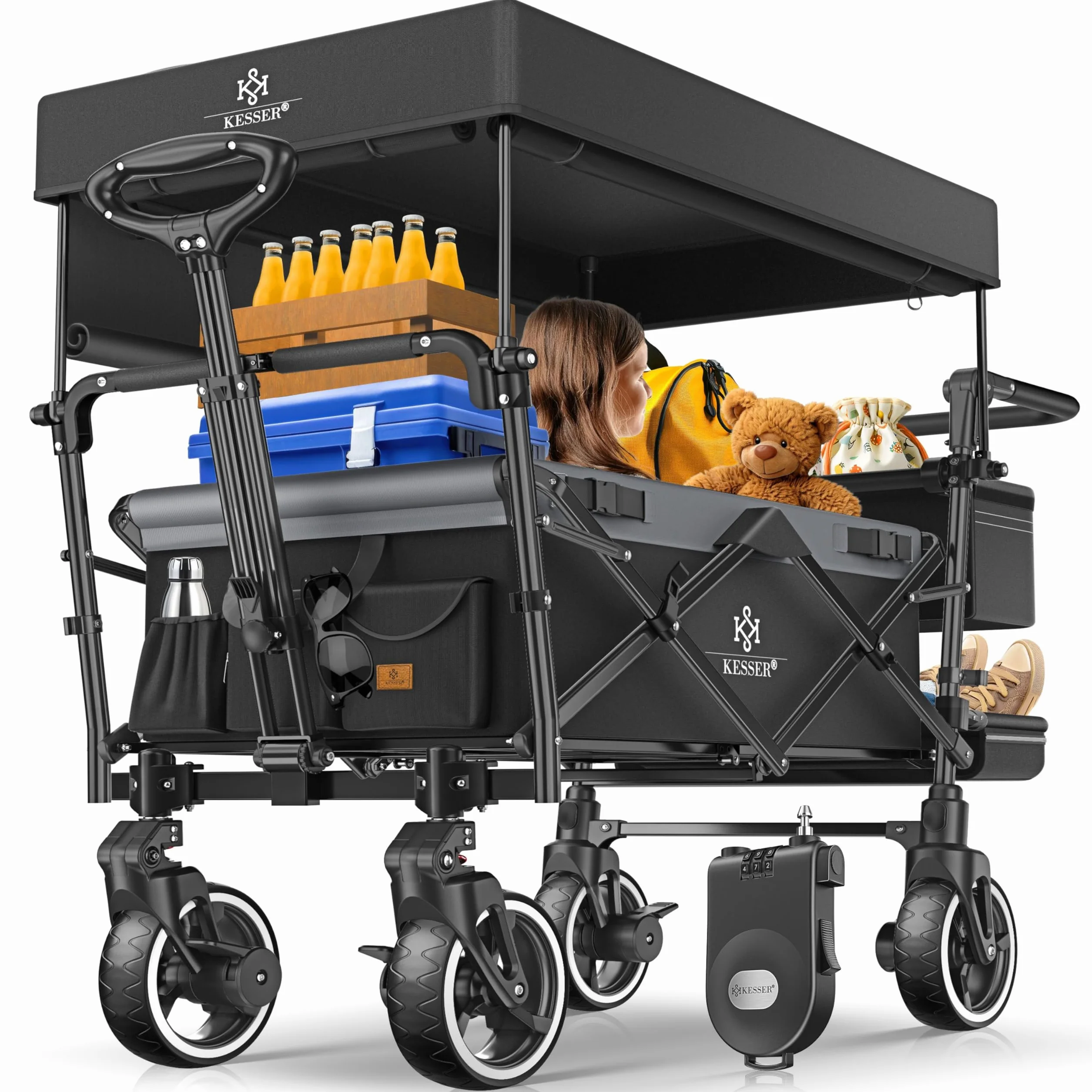 KESSER Carro plegable GTS-9100 con techo, carro de transporte, plegable, soporta hasta 150 kg, con ruedas de goma dura y frenos de estacionamiento delantero/trasero, incluye cerradura, cubierta, clima