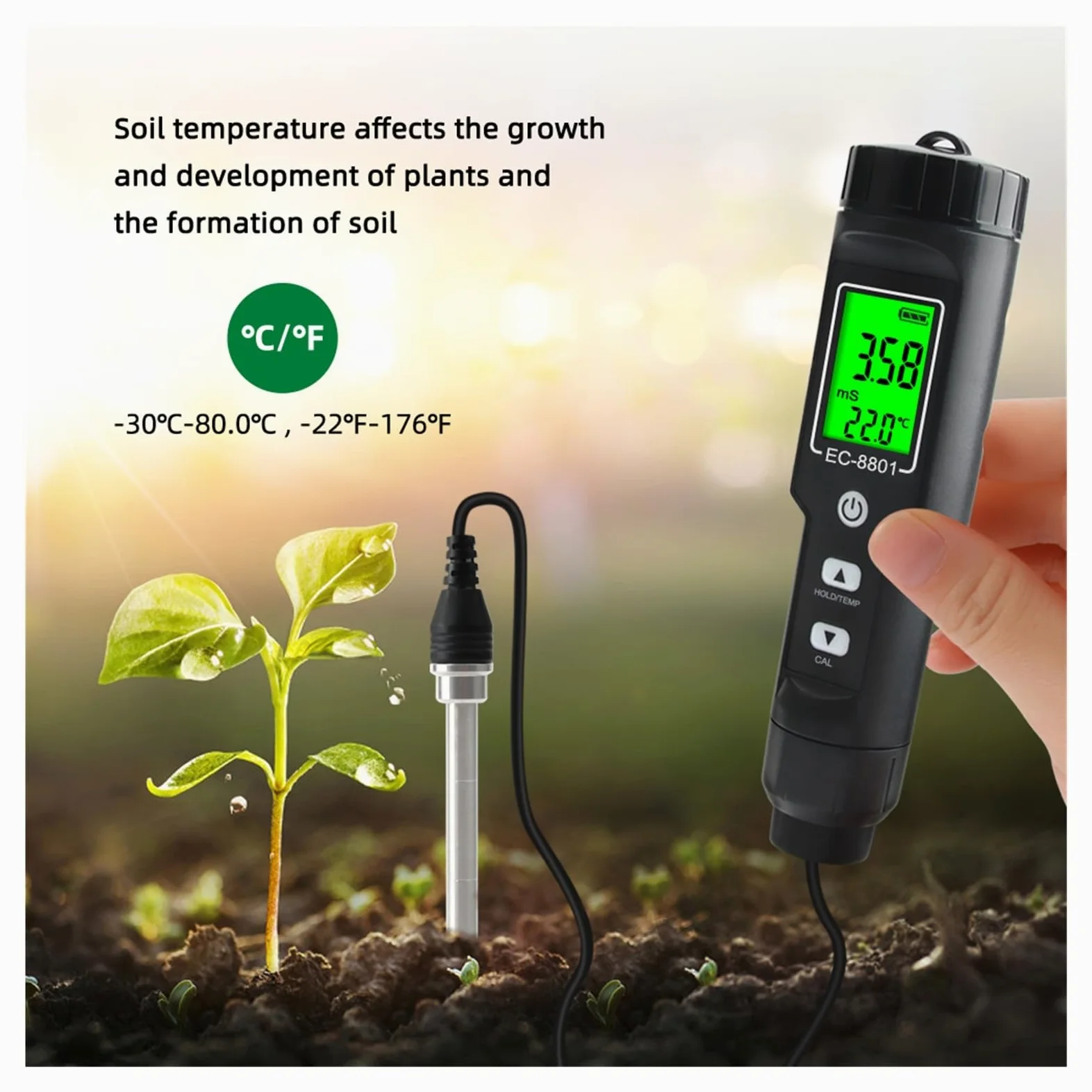 Medidor de Calidad del Agua, Termómetro Digital LCD multifunción for Suelos con CE, Resistente al Agua, retroiluminación y sonda Desmontable. para Campo y Laboratorio