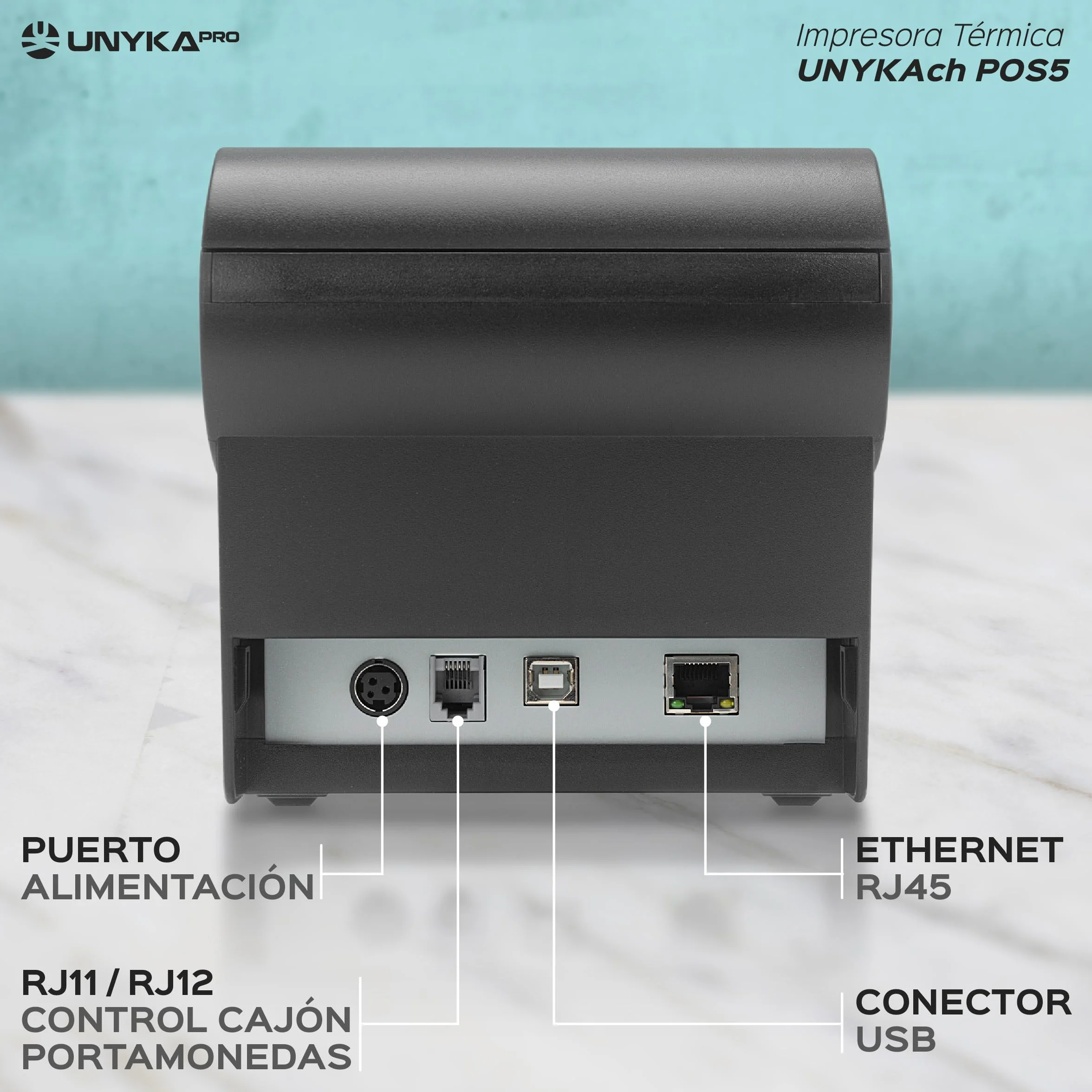 Unykach Impresora Térmica de Tickets POS5 con Corte Automático, USB, RJ12, RJ11, LAN, Compatible Windows, JPOS, OPOS, Linux, Android, Mac