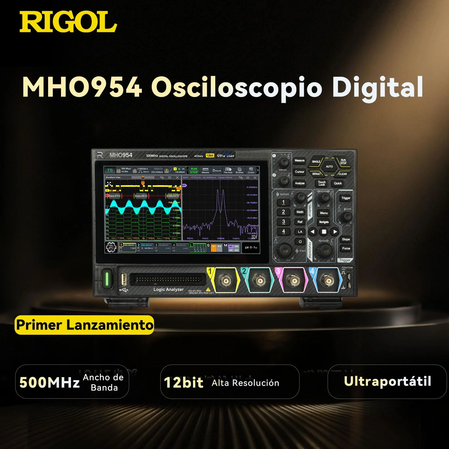 RIGOL MHO954 Osciloscopio Digital, 500MHz, 4GSa/s, 12-bit, 4+16 Canales, Wi-Fi & Bluetooth, Alimentación Type-C, AFG opcional, Ultraportátil