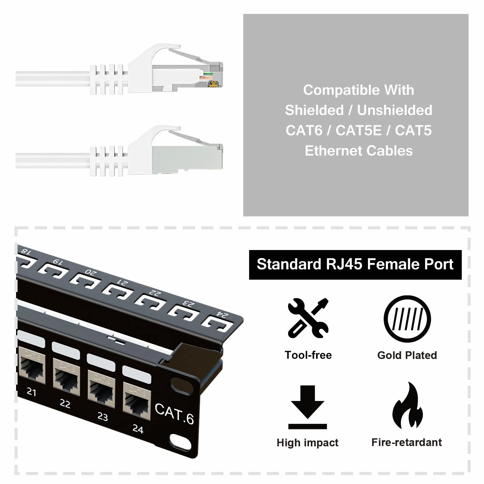 iwillink Panel de conexión 24 Puertos 10 Gbps RJ45 Cat6 STP 19 Pulgadas 1U