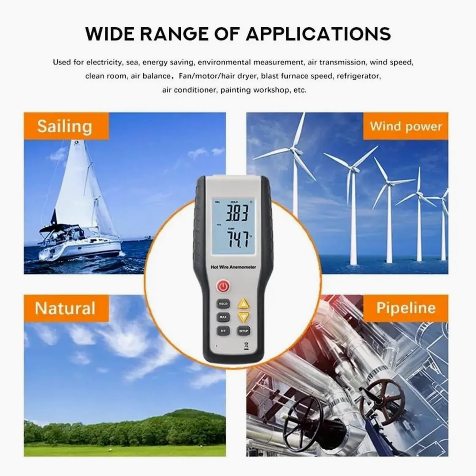Anemómetro, Anemómetro portátil digital de alta sensibilidad, anemómetro térmico de hilo caliente, anemómetro de medición