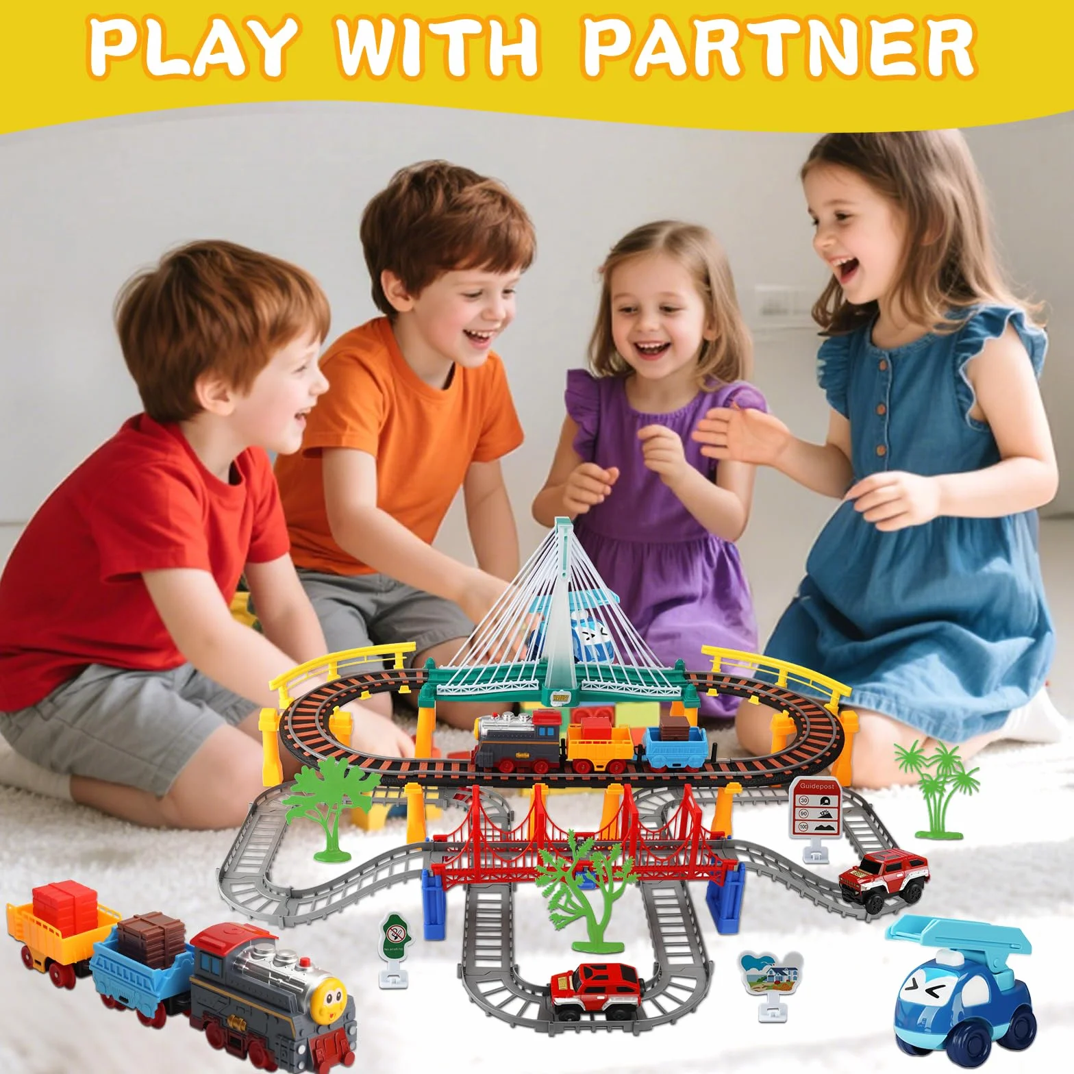 Juego de Tren para Niños 141 Piezas Tren Eléctrico con Rieles, Luces y Sonidos, Juguete de Pista para Coches, Regalo 3-8 Años
