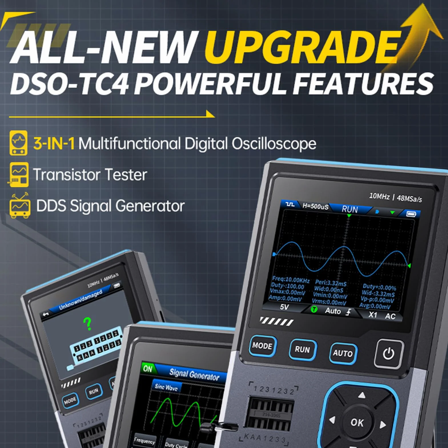 DEWIN DSO-TC4 Osciloscopio digital, 3 en 1 Osciloscopio portatil/Probador de transistores/Generador de señales,Ancho de banda de 10 MHz, frecuencia de muestreo de 48 MSa/s, protección anti-quemaduras
