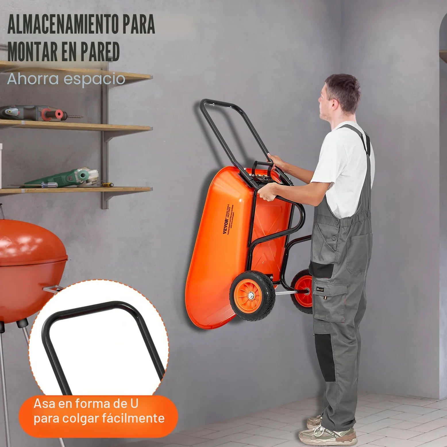 VEVOR Carretilla para Jardín Carga de 180 kg Carro de Descarga con 2 Ruedas de 25,4 cm y Asa Carro Utilitario de Fácil Carga Carrito para Césped al Aire Libre, Patio, Granja, Naranja y Negro