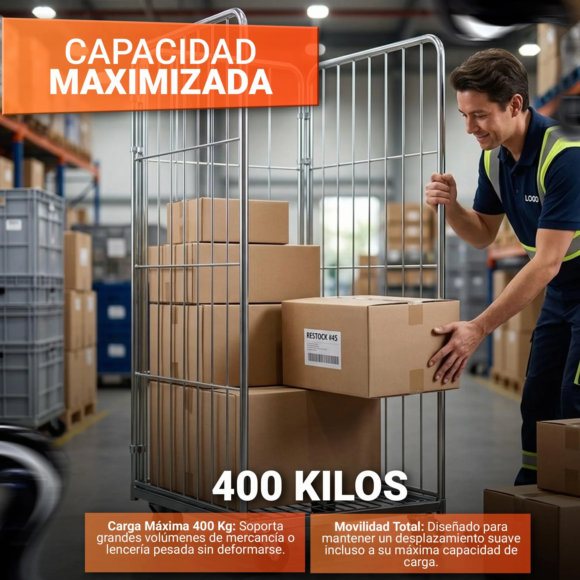 KM Roll Container 3 Lados – Carro Industrial con Ruedas Giratorias de 100mm, Estructura Zincada Resistente. Capacidad 400 kg, Diseño Desmontable. Ideal para Almacenes y Logística Profesional.