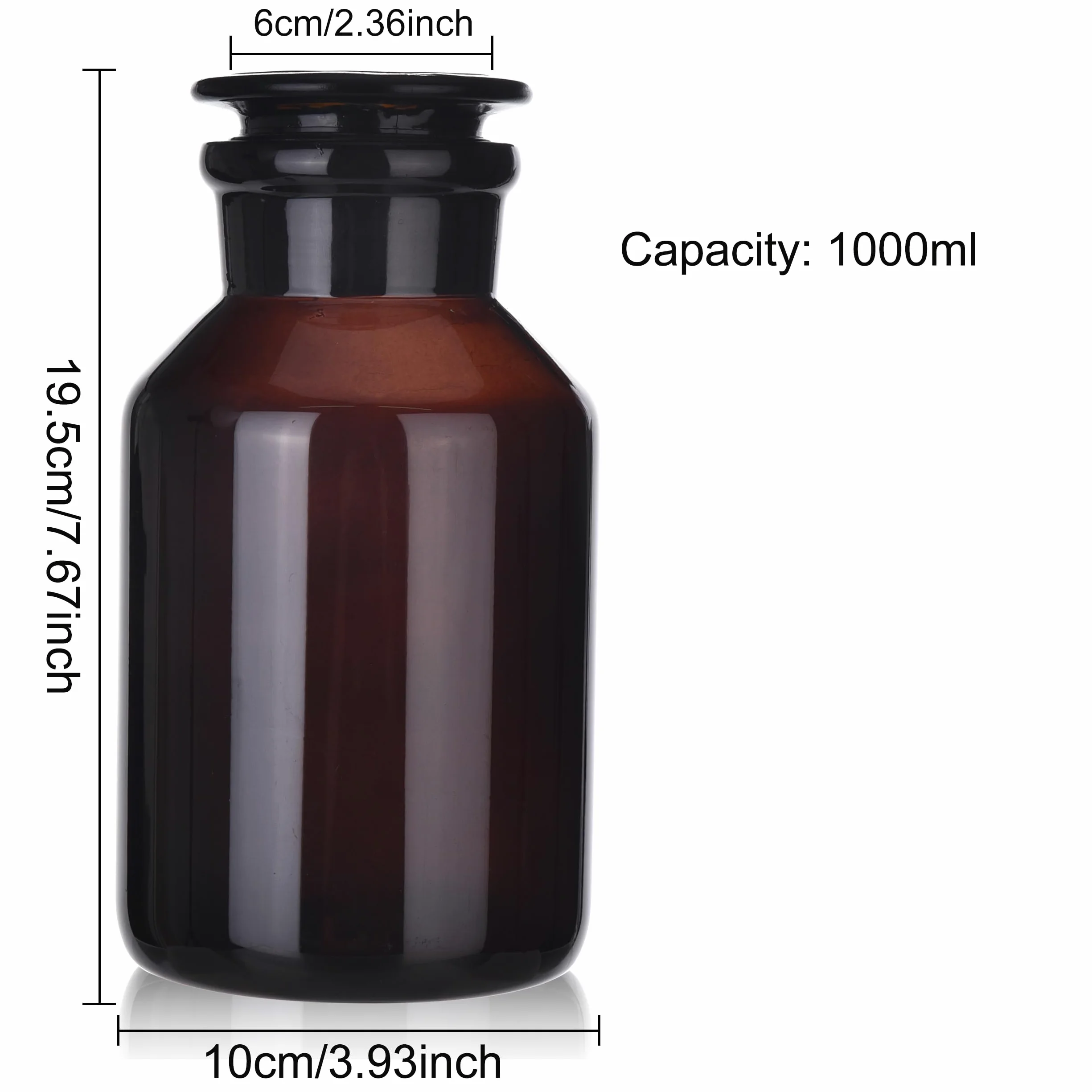 Botella de vidrio, botella de reactivo de boca ancha de laboratorio, botella de reactivo de vidrio ámbar, botella de vidrio de borosilicato de 1000 ml con tapón de tierra de vidrio (1000 ml)